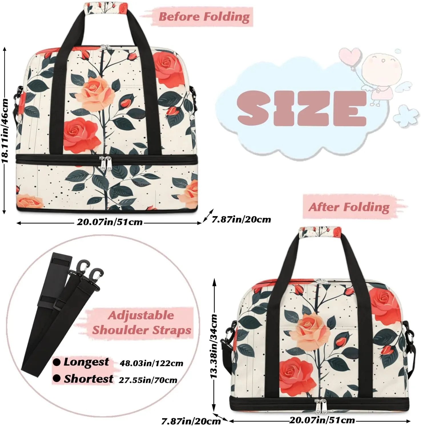 Graceful Rose Printing Flora Travel Duffle Bag, Collapsible Travel Bag Sports Gym Bag With Shoes Compartment Weekender Bag Overnight Bag For Women Men