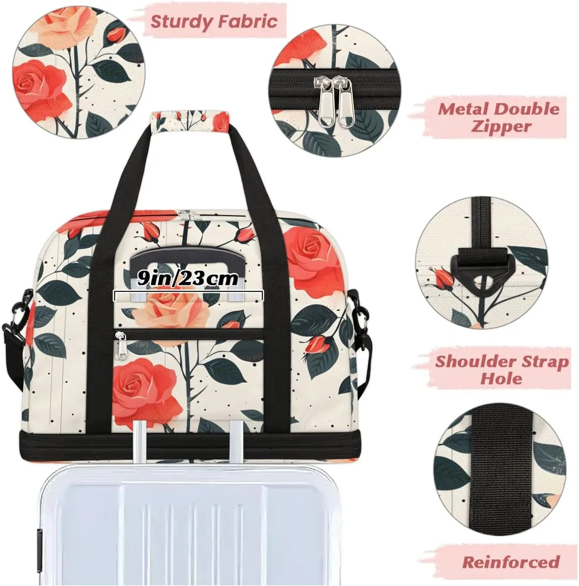 Graceful Rose Printing Flora Travel Duffle Bag, Collapsible Travel Bag Sports Gym Bag With Shoes Compartment Weekender Bag Overnight Bag For Women Men