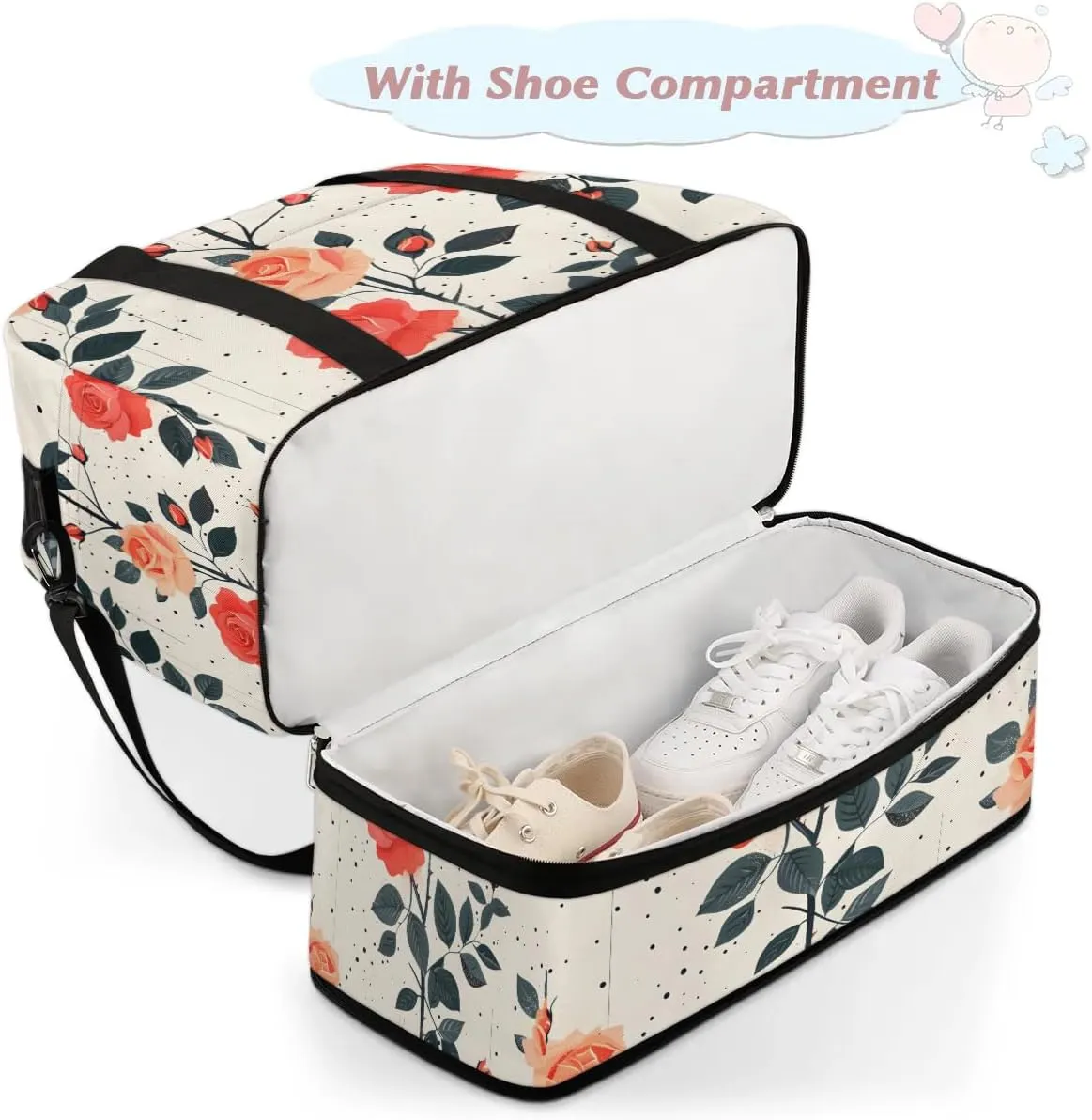 Graceful Rose Printing Flora Travel Duffle Bag, Collapsible Travel Bag Sports Gym Bag With Shoes Compartment Weekender Bag Overnight Bag For Women Men