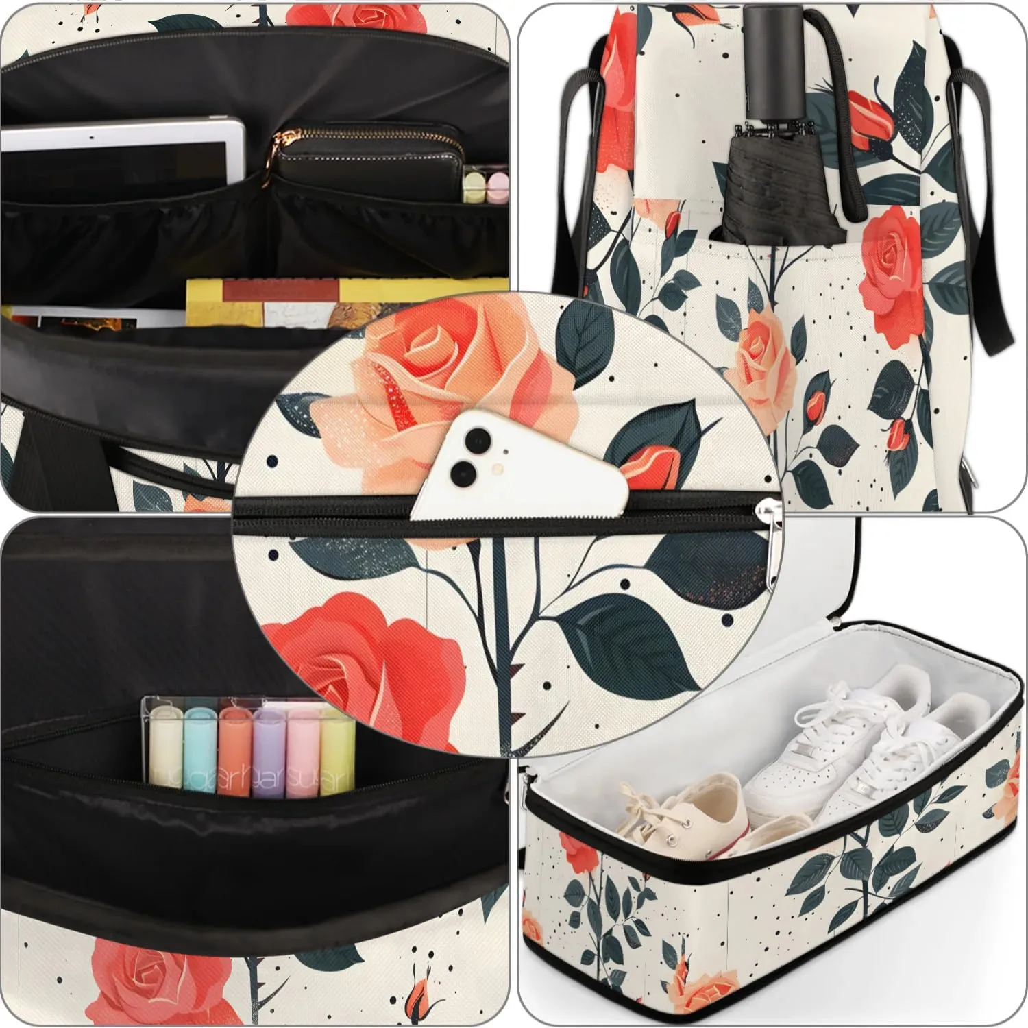 Graceful Rose Printing Flora Travel Duffle Bag, Collapsible Travel Bag Sports Gym Bag With Shoes Compartment Weekender Bag Overnight Bag For Women Men