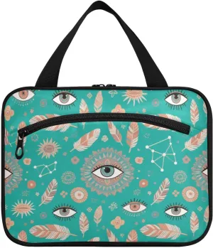 Green Bohemian Dreamcatcher Feather hanging travel makeup bag with hook, designer expandable toiletry bags for essentials for women travel cartera para maquillaje L