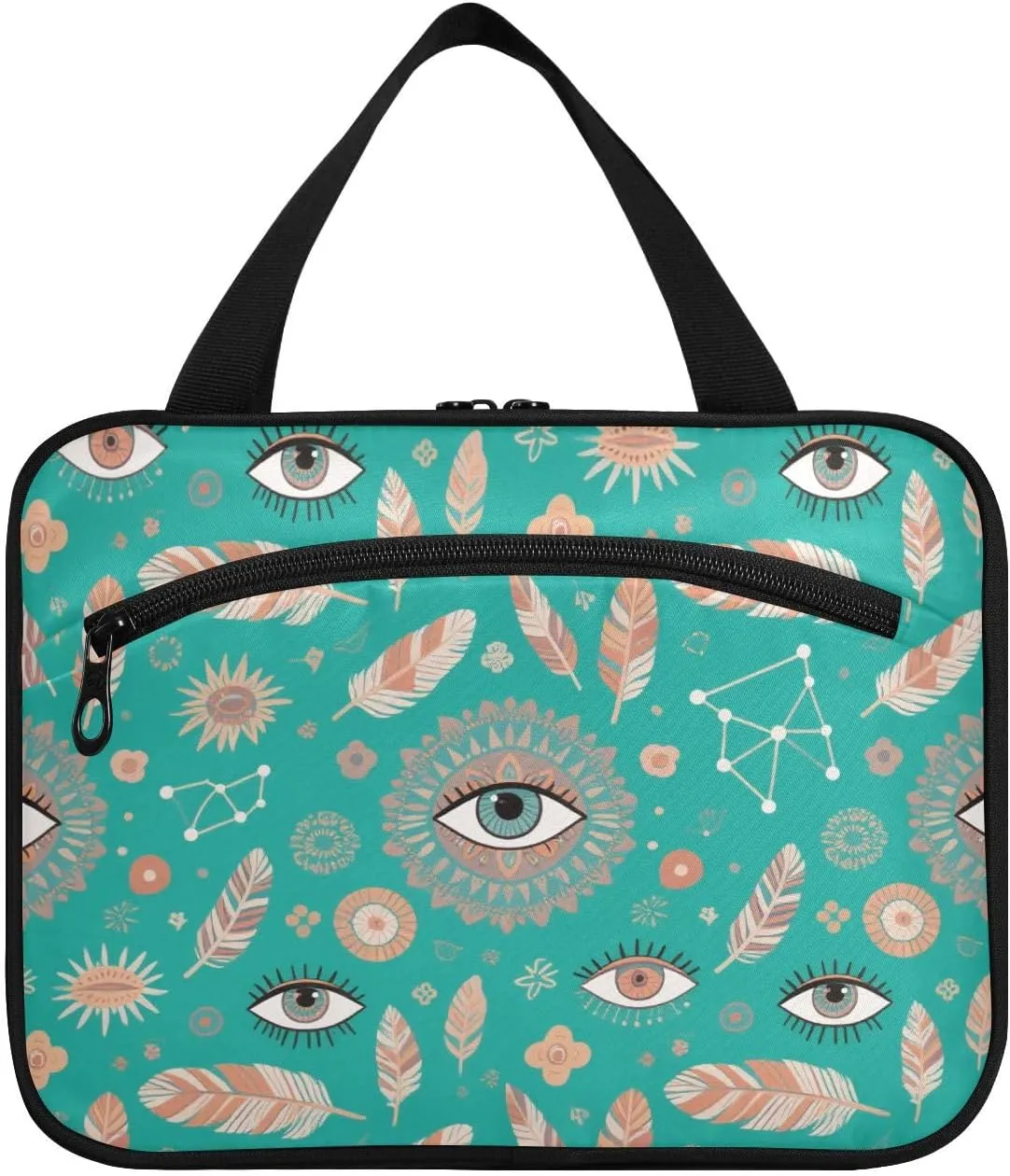 Green Bohemian Dreamcatcher Feather hanging travel makeup bag with hook, designer expandable toiletry bags for essentials for women travel cartera para maquillaje L