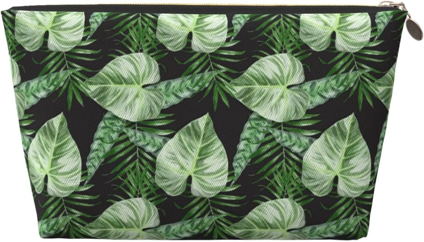 Green Exotic Tropical Palm Leaves Summer Womens Travel Makeup Bags Leather Cosmetic Bags Toiletry Organizer Pouch With Zipper