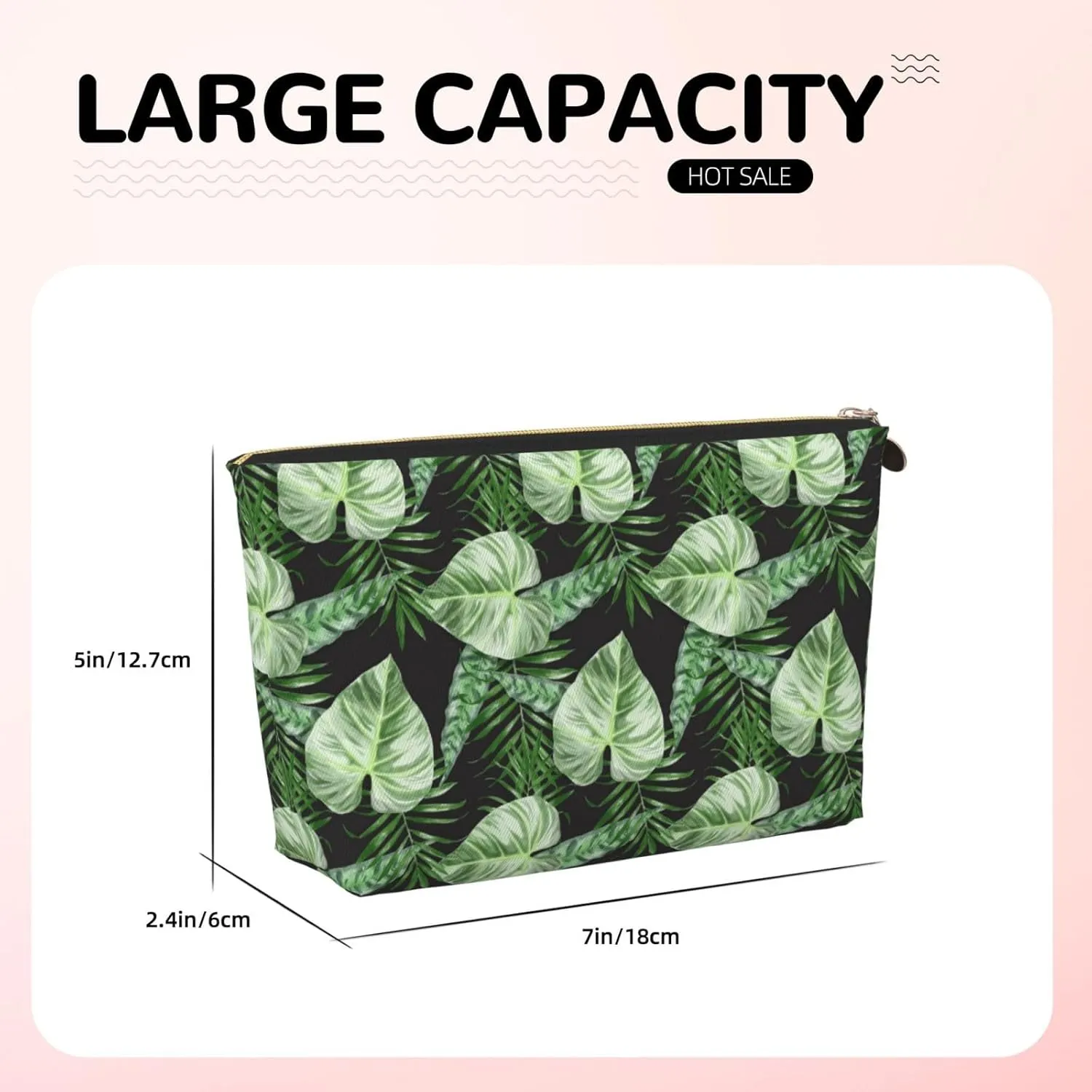 Green Exotic Tropical Palm Leaves Summer Womens Travel Makeup Bags Leather Cosmetic Bags Toiletry Organizer Pouch With Zipper