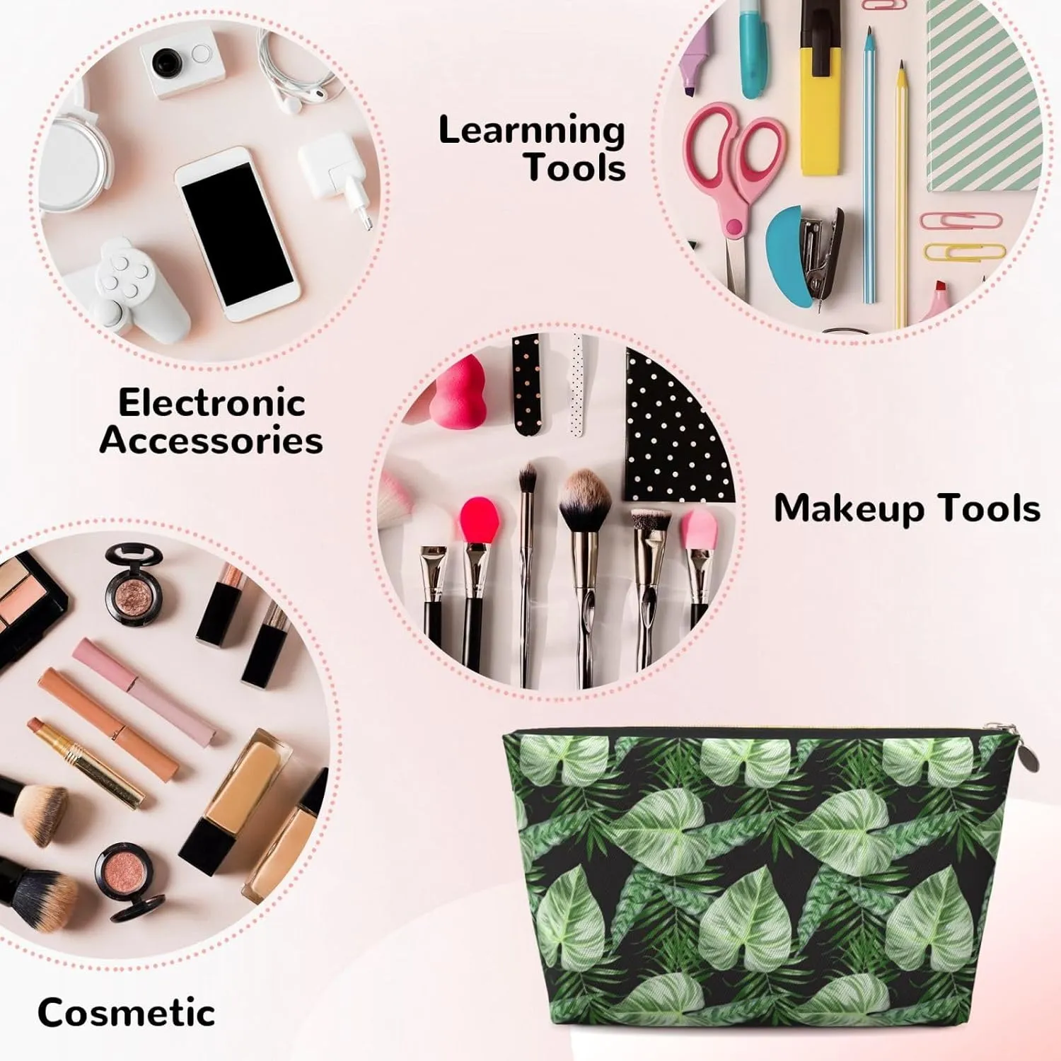 Green Exotic Tropical Palm Leaves Summer Womens Travel Makeup Bags Leather Cosmetic Bags Toiletry Organizer Pouch With Zipper