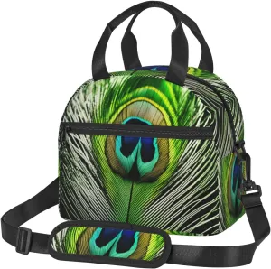 Green Peacock Feather Print Lunch Bag Adult Lunch Box for Women and Men with Adjustable Shoulder Adult Tote Bags