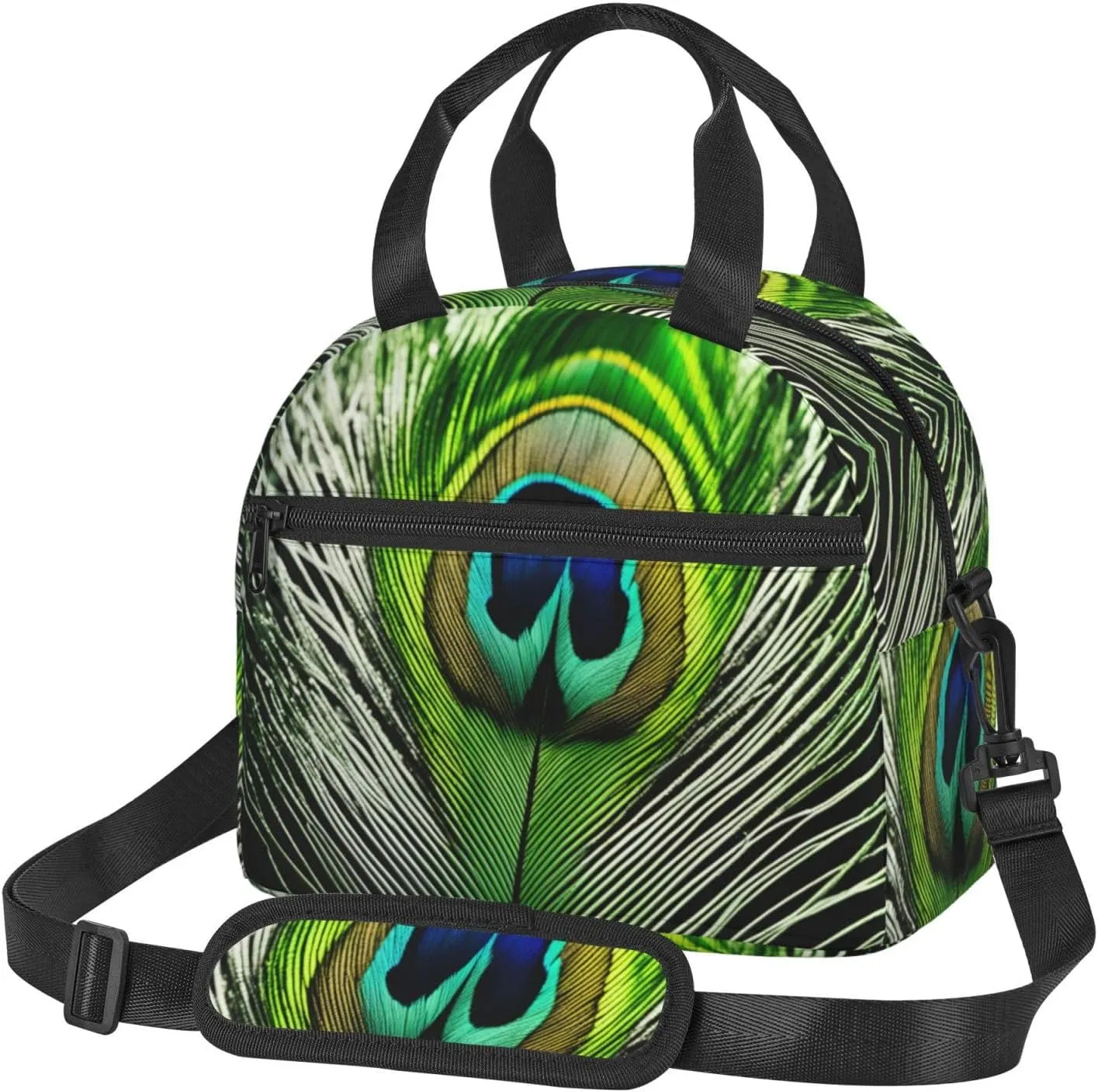 Green Peacock Feather Print Lunch Bag Adult Lunch Box for Women and Men with Adjustable Shoulder Adult Tote Bags