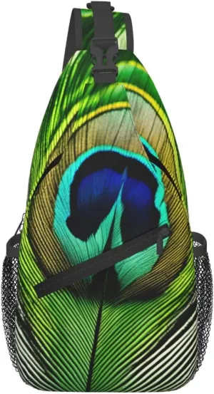 Green Peacock Feather print Sling Bag Sport Hiking Daypack Crossbody Shoulder Backpack Chest Bag Men Women