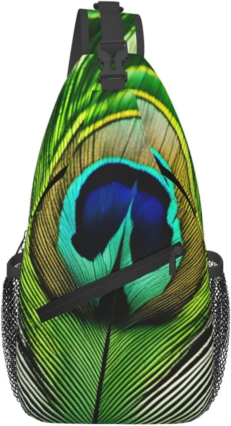 Green Peacock Feather print Sling Bag Sport Hiking Daypack Crossbody Shoulder Backpack Chest Bag Men Women