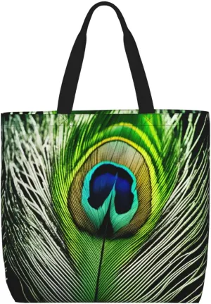 Green Peacock Feather print Tote Bags Casual Handbags 15.7 In Shoulder Bags for Work Travel Gym