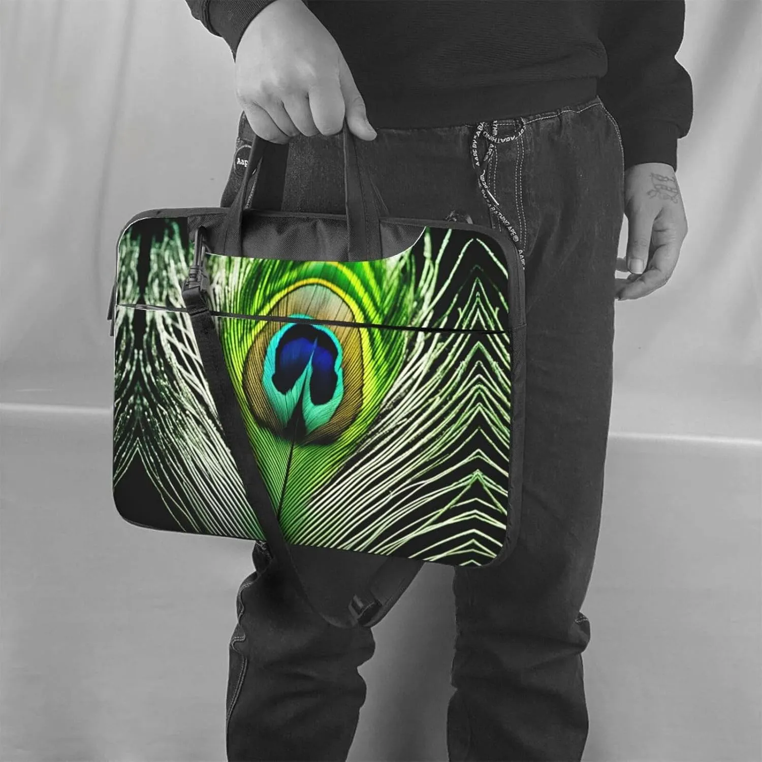 Green Peacock Feather Print Work Laptop Bag Stylish and Protective Laptop Case Briefcase for Men Women Office