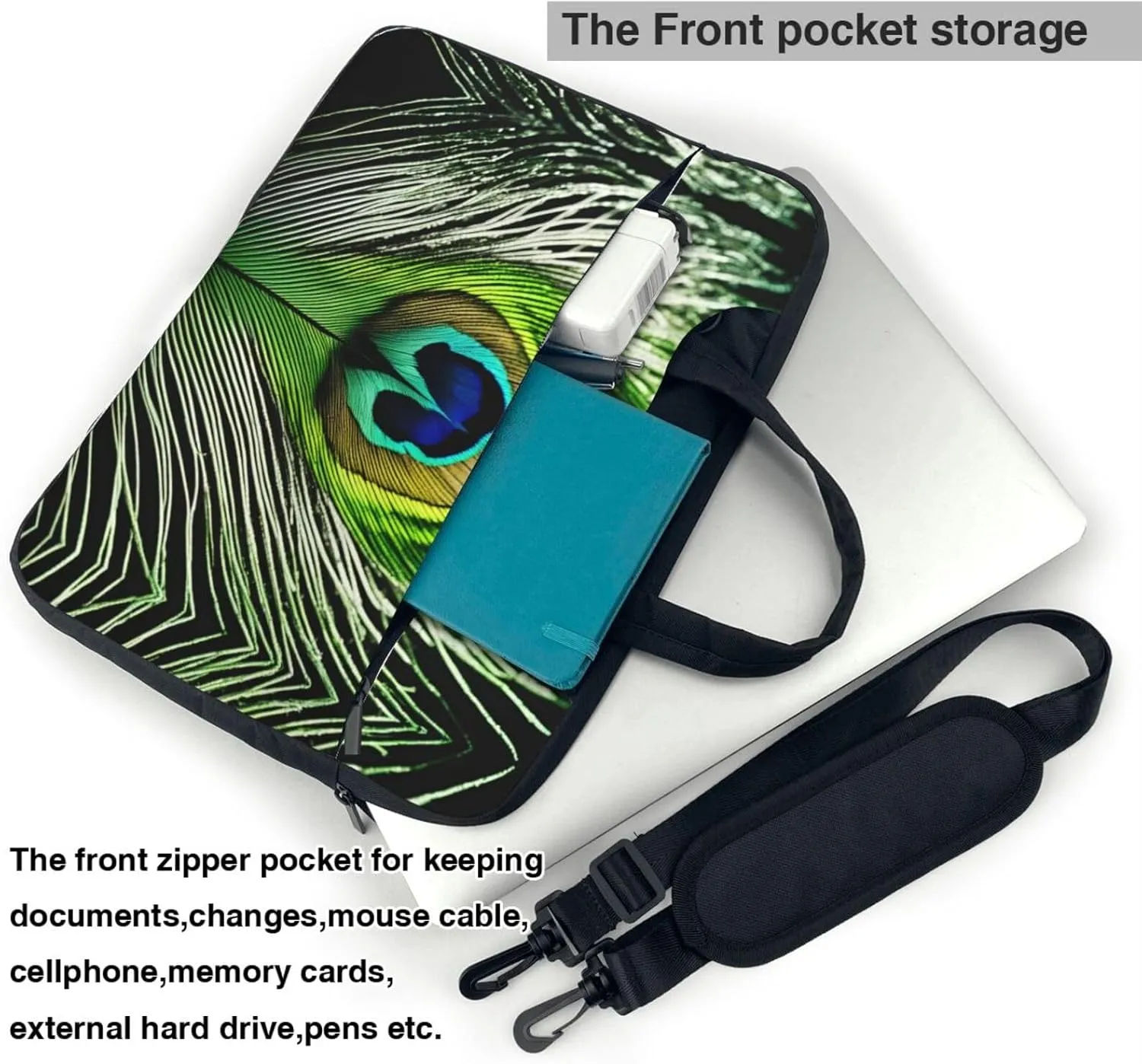 Green Peacock Feather Print Work Laptop Bag Stylish and Protective Laptop Case Briefcase for Men Women Office