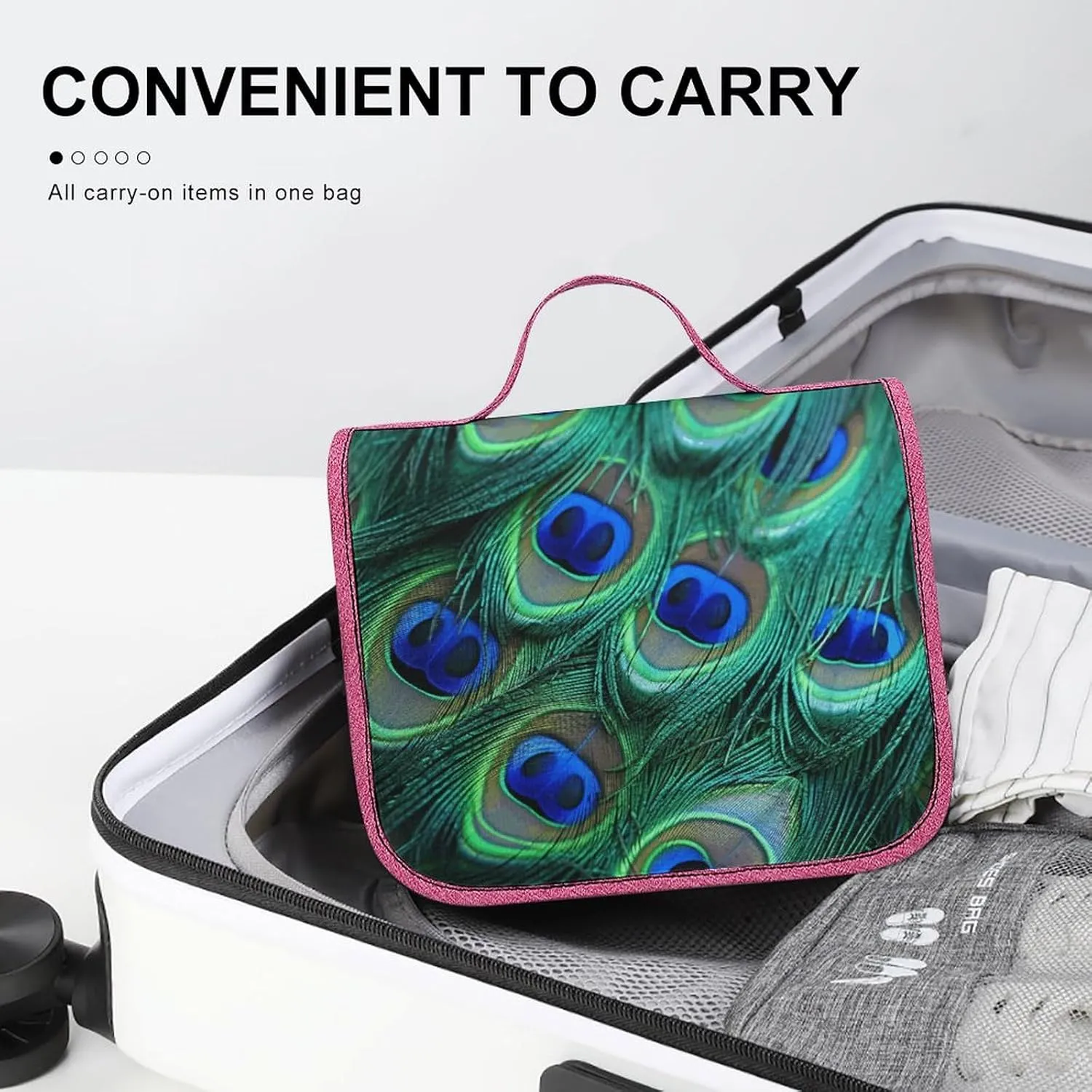 Green Peacock Feather Travel Toiletry Bag for Women,Hanging Toiletry Organizer with Hook, Makeup Bag Travel Organizer for Shampoo,Toiletriesl