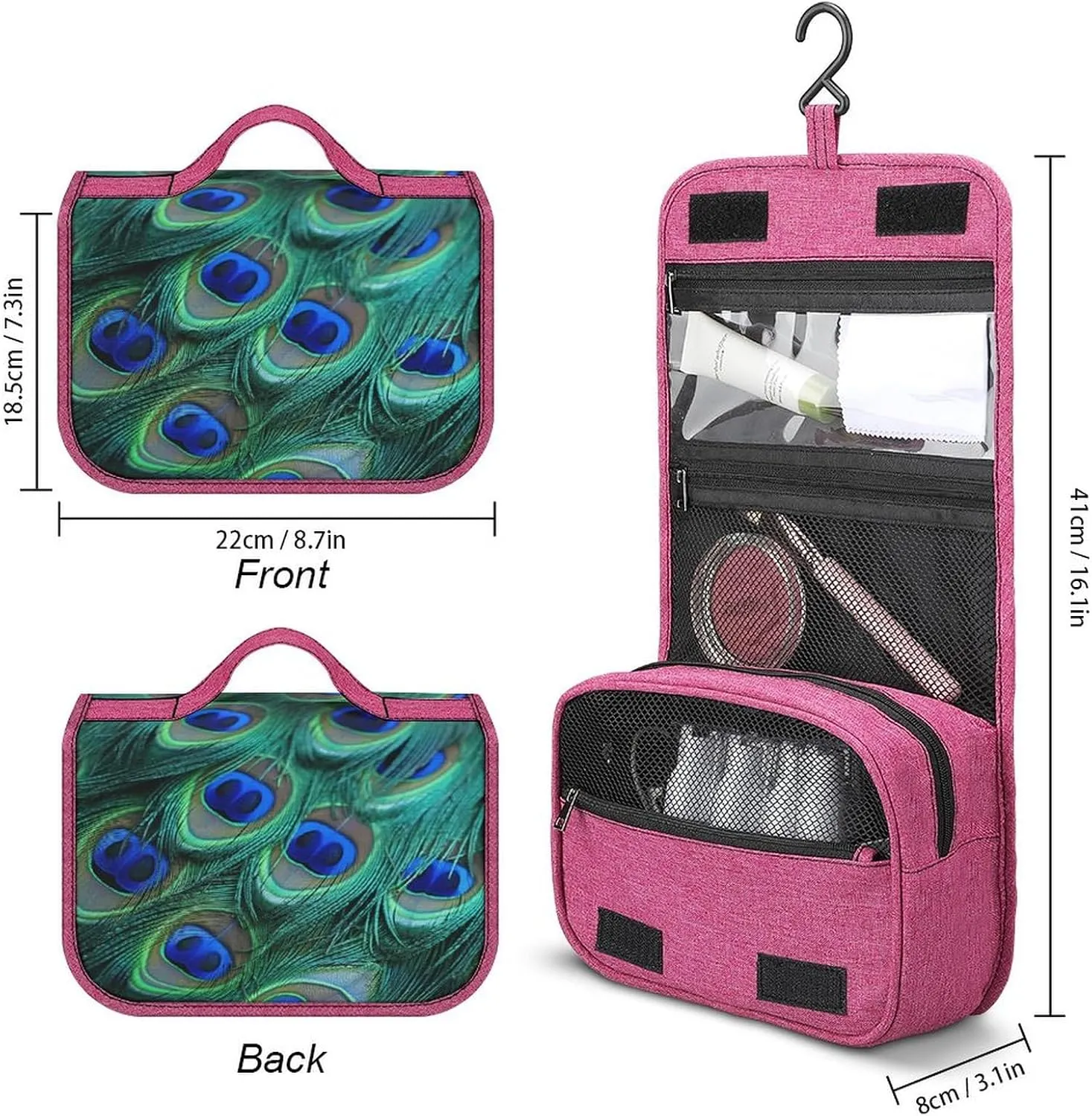 Green Peacock Feather Travel Toiletry Bag for Women,Hanging Toiletry Organizer with Hook, Makeup Bag Travel Organizer for Shampoo,Toiletriesl