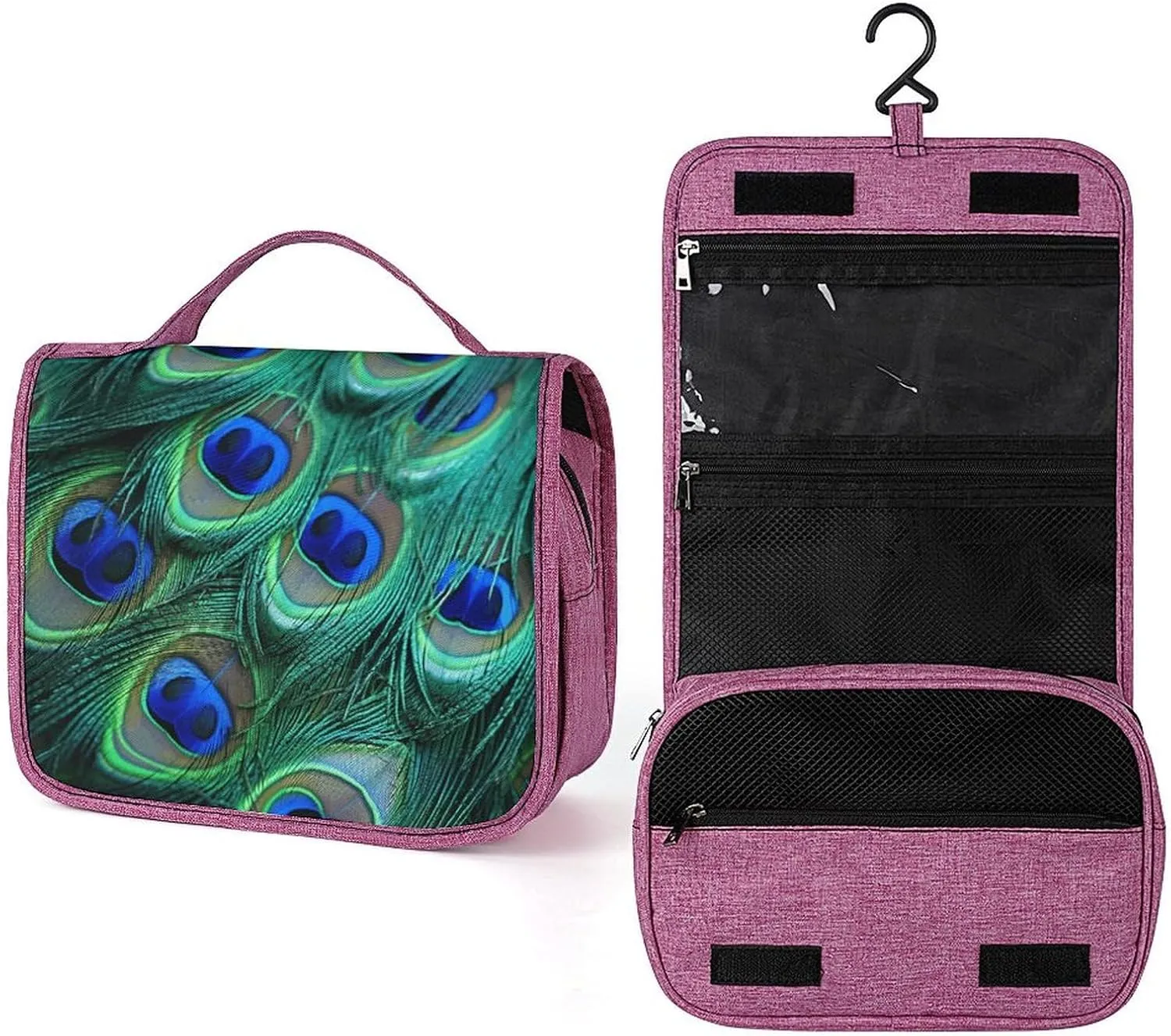 Green Peacock Feather Travel Toiletry Bag for Women,Hanging Toiletry Organizer with Hook, Makeup Bag Travel Organizer for Shampoo,Toiletriesl