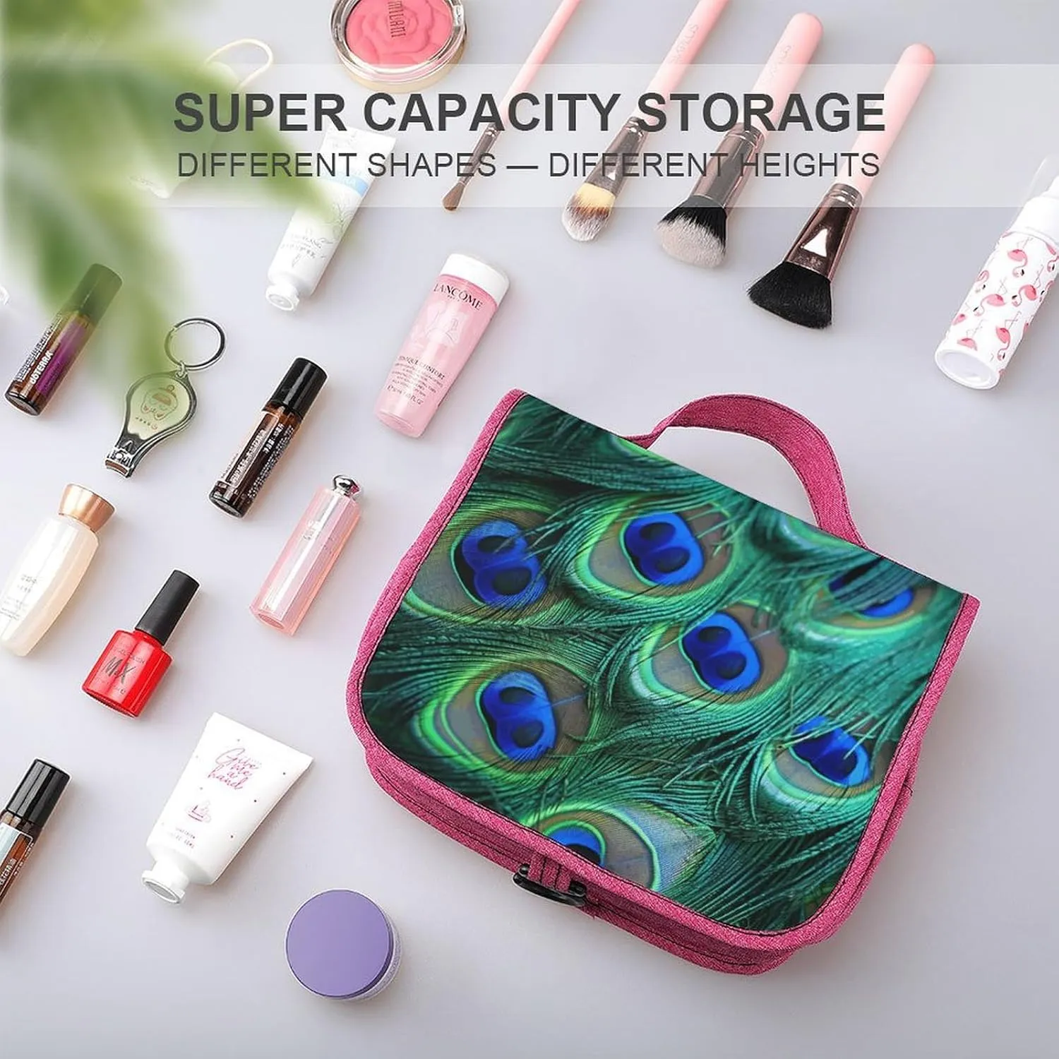 Green Peacock Feather Travel Toiletry Bag for Women,Hanging Toiletry Organizer with Hook, Makeup Bag Travel Organizer for Shampoo,Toiletriesl