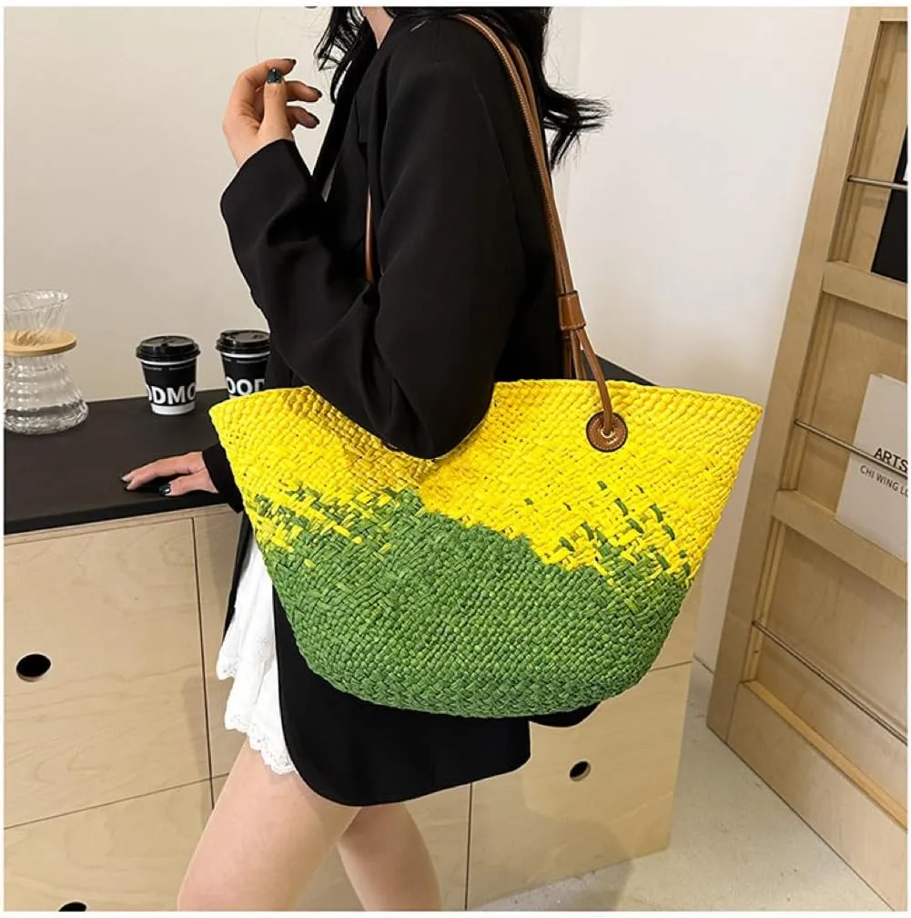 GRPKSSIB Women Straw Tote Bag Summer Beach Bags Luxury Handmade Shoulder Bag Woven Basket Handbags Large Straw Purses