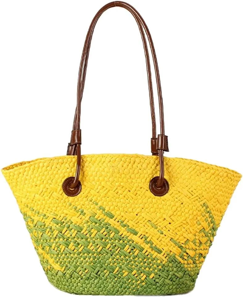GRPKSSIB Women Straw Tote Bag Summer Beach Bags Luxury Handmade Shoulder Bag Woven Basket Handbags Large Straw Purses