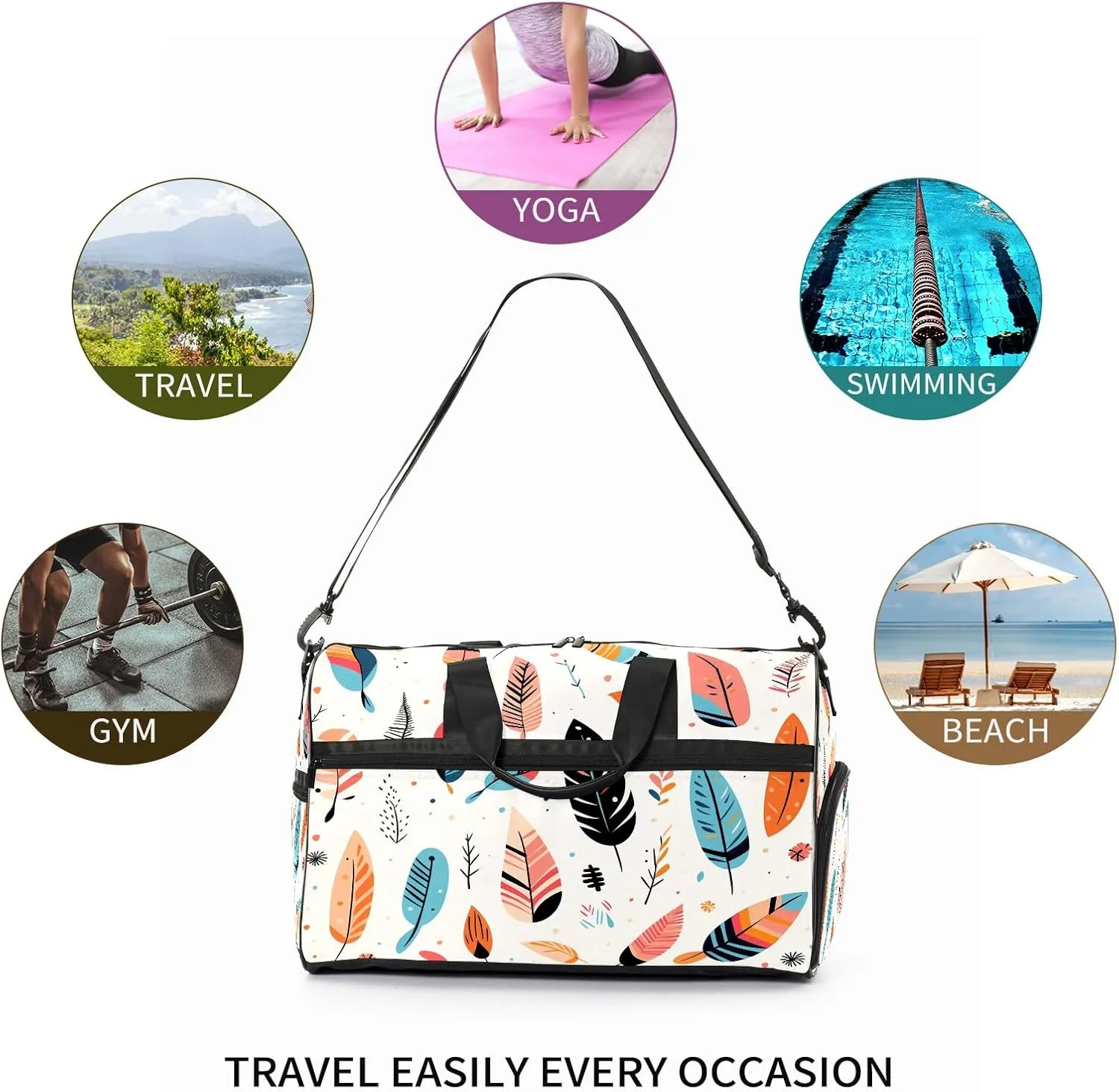 Gym Bag for Women, Carry on Weekender Overnight Bag, Travel Duffel Bags, Personal Item Travel Bag Tote Bag Workout Dance Bag, Cute Illustration Feather - 2