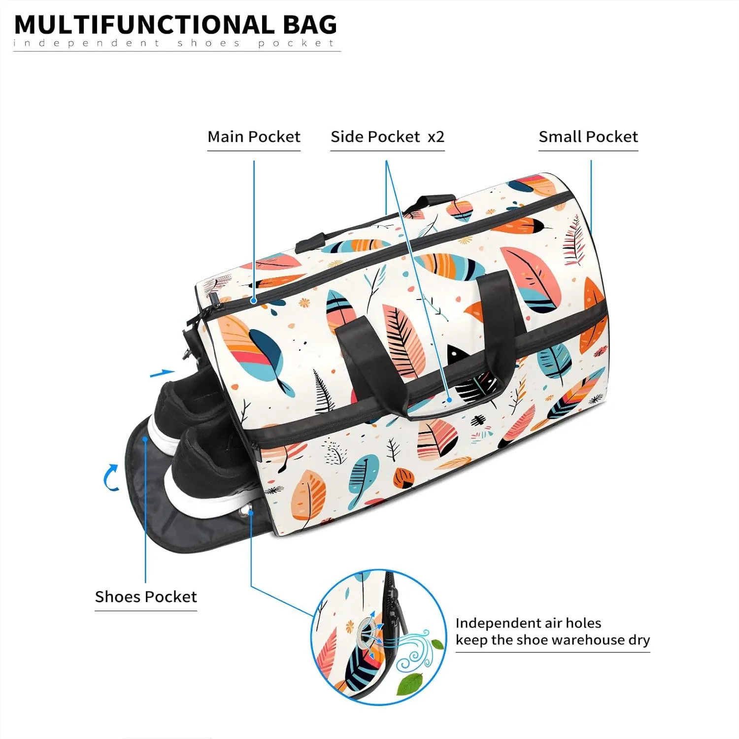 Gym Bag for Women, Carry on Weekender Overnight Bag, Travel Duffel Bags, Personal Item Travel Bag Tote Bag Workout Dance Bag, Cute Illustration Feather - 2