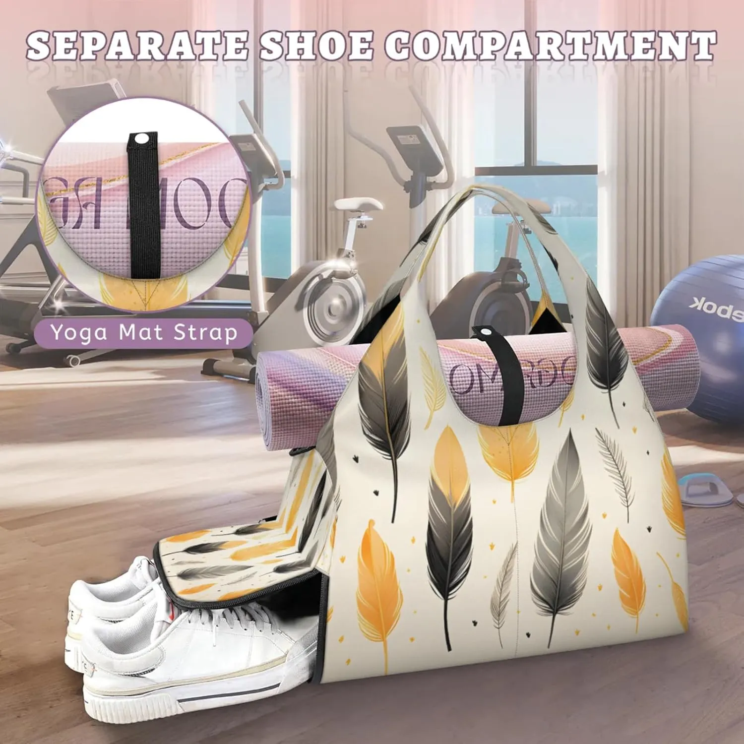 Gym Bag for Women Feather Theme Duffel Bag with Shoe Compartment and Yoga Mat Holder Portable Weekender Bags Travel Tote Bags