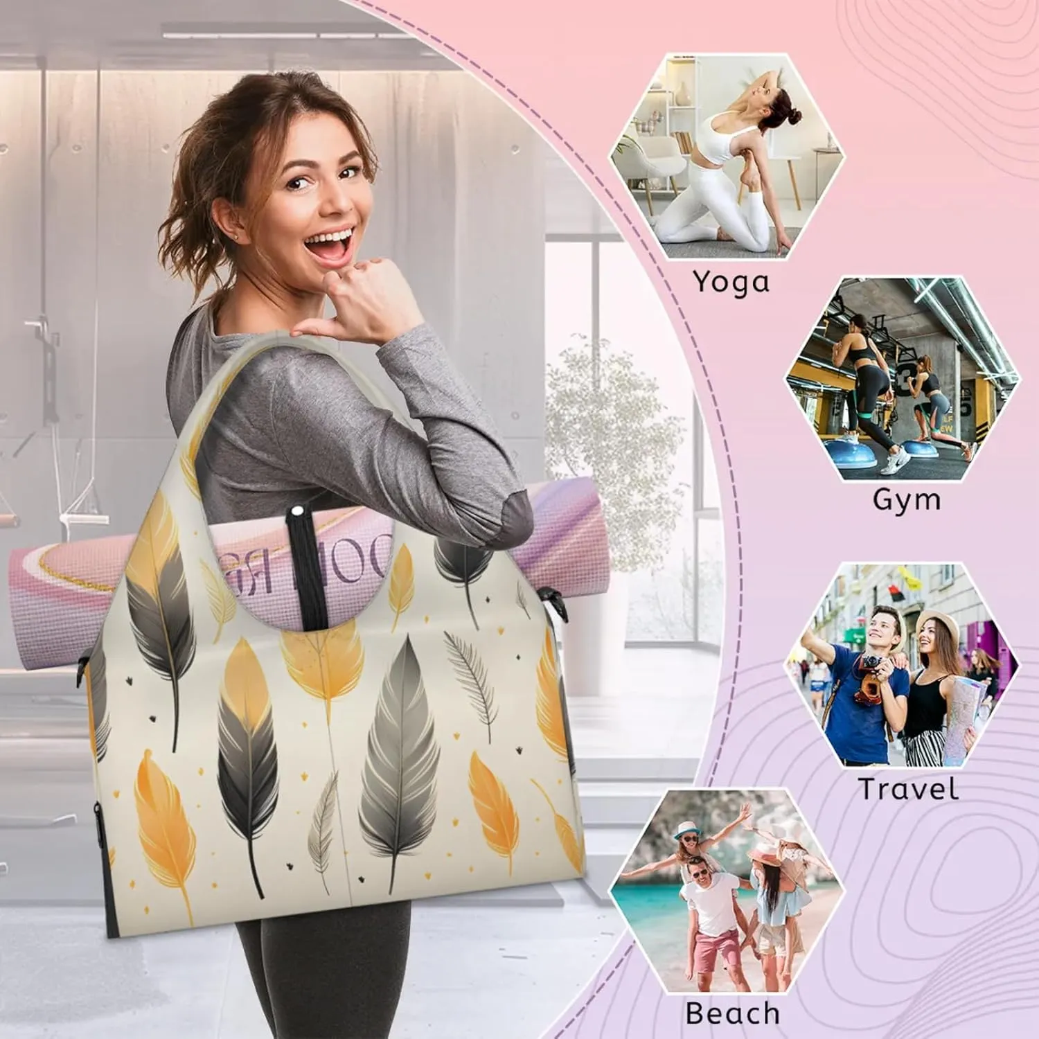 Gym Bag for Women Feather Theme Duffel Bag with Shoe Compartment and Yoga Mat Holder Portable Weekender Bags Travel Tote Bags