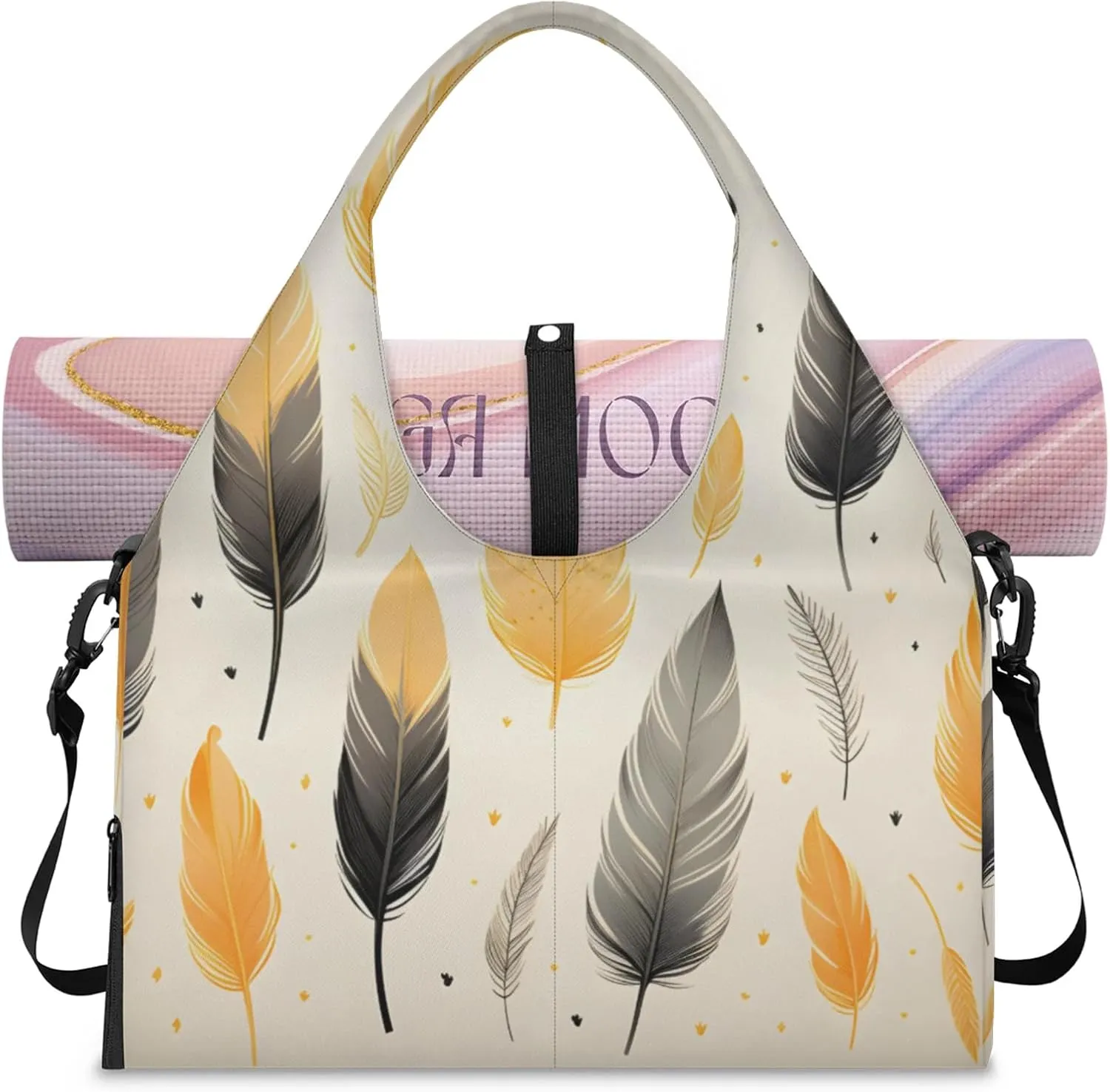 Gym Bag for Women Feather Theme Duffel Bag with Shoe Compartment and Yoga Mat Holder Portable Weekender Bags Travel Tote Bags