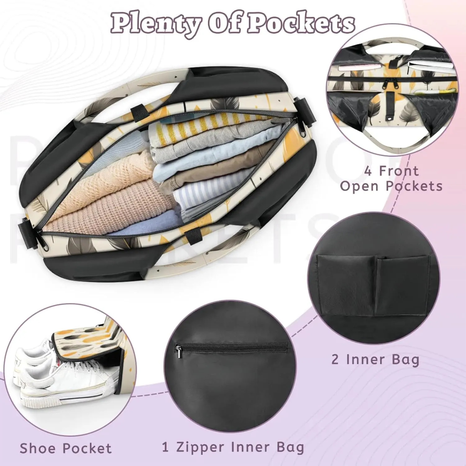 Gym Bag for Women Feather Theme Duffel Bag with Shoe Compartment and Yoga Mat Holder Portable Weekender Bags Travel Tote Bags