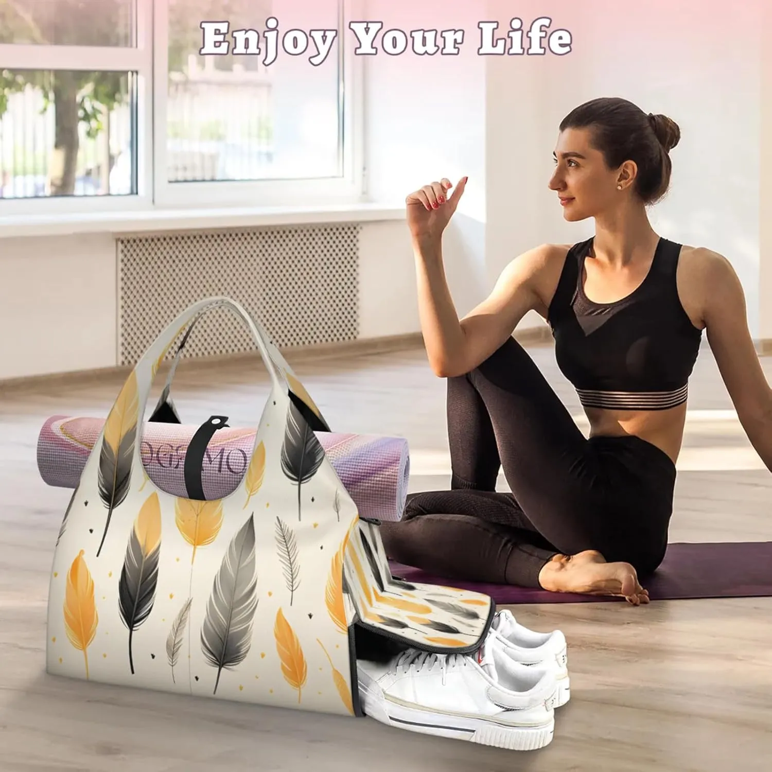 Gym Bag for Women Feather Theme Duffel Bag with Shoe Compartment and Yoga Mat Holder Portable Weekender Bags Travel Tote Bags