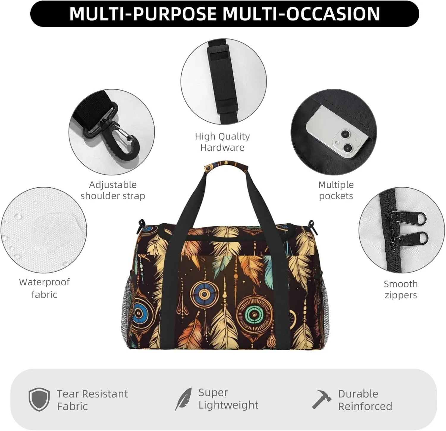 Gym Bag Tribal Feather Duffel Bag for Men Women Travel Overnight Bag with Shoe Compartment Workout Bags