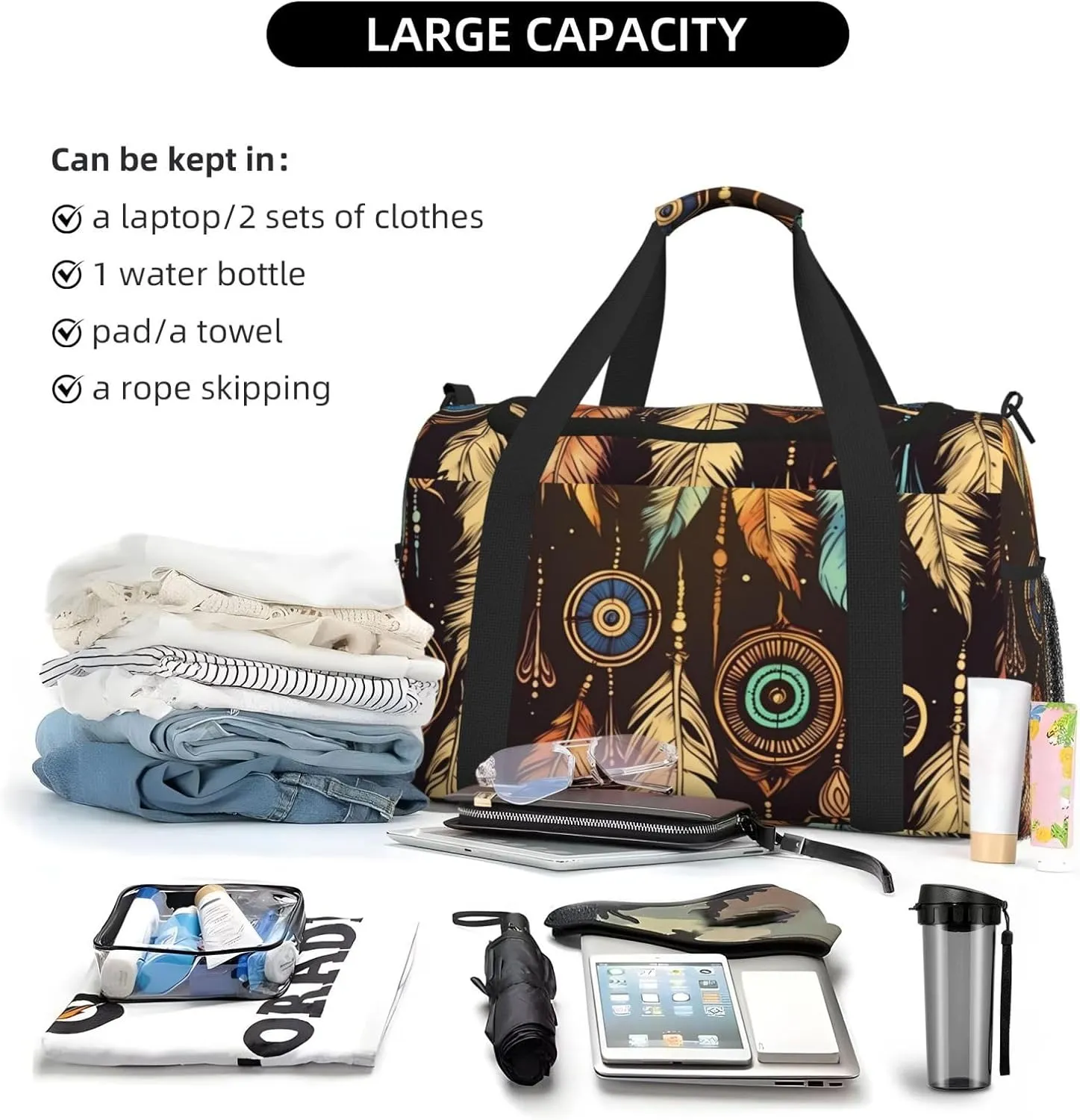 Gym Bag Tribal Feather Duffel Bag for Men Women Travel Overnight Bag with Shoe Compartment Workout Bags