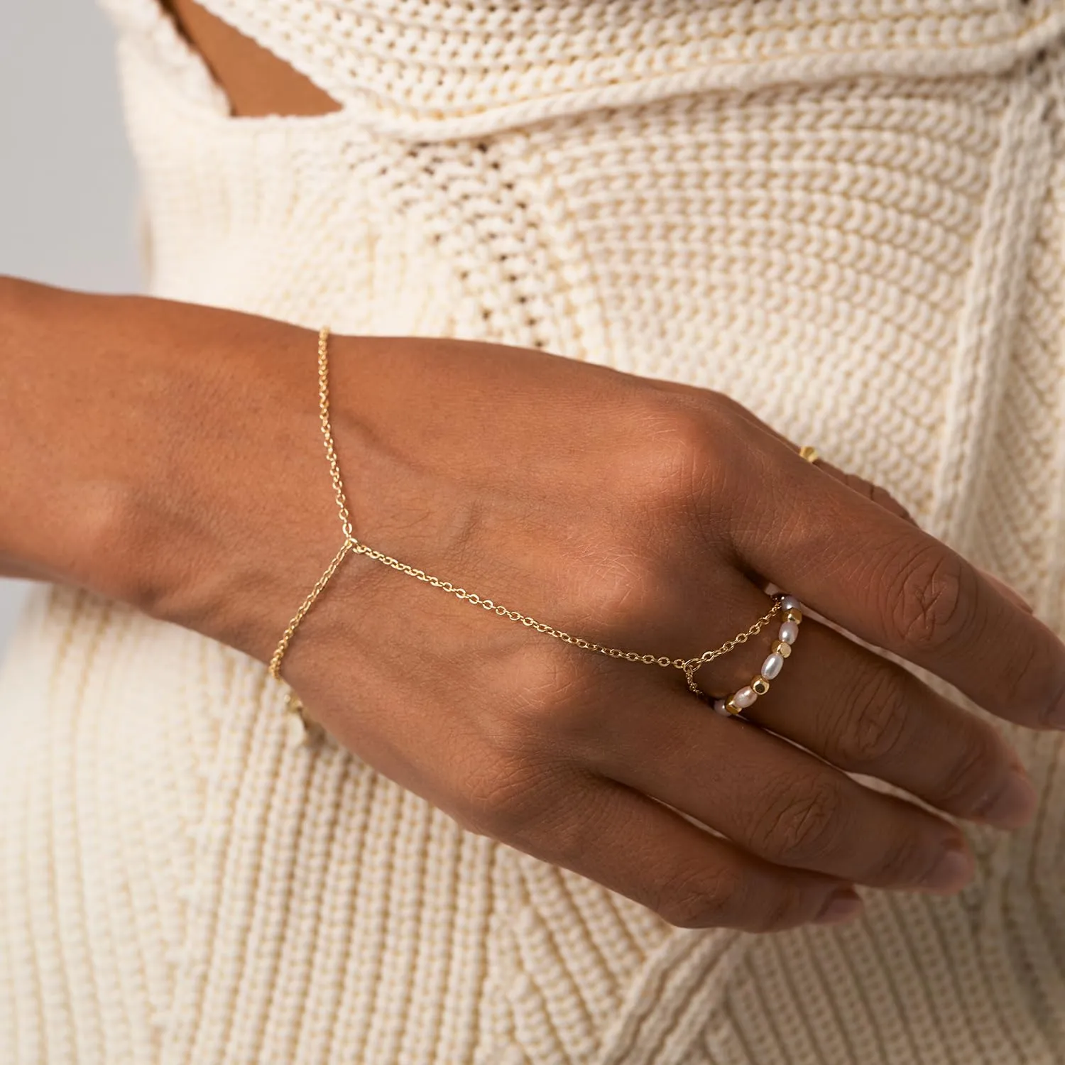 Hand Chain Finger Ring Bracelet 14k Gold Non-Tarnish Bracelet for Women 6" to 8" Adjustable length