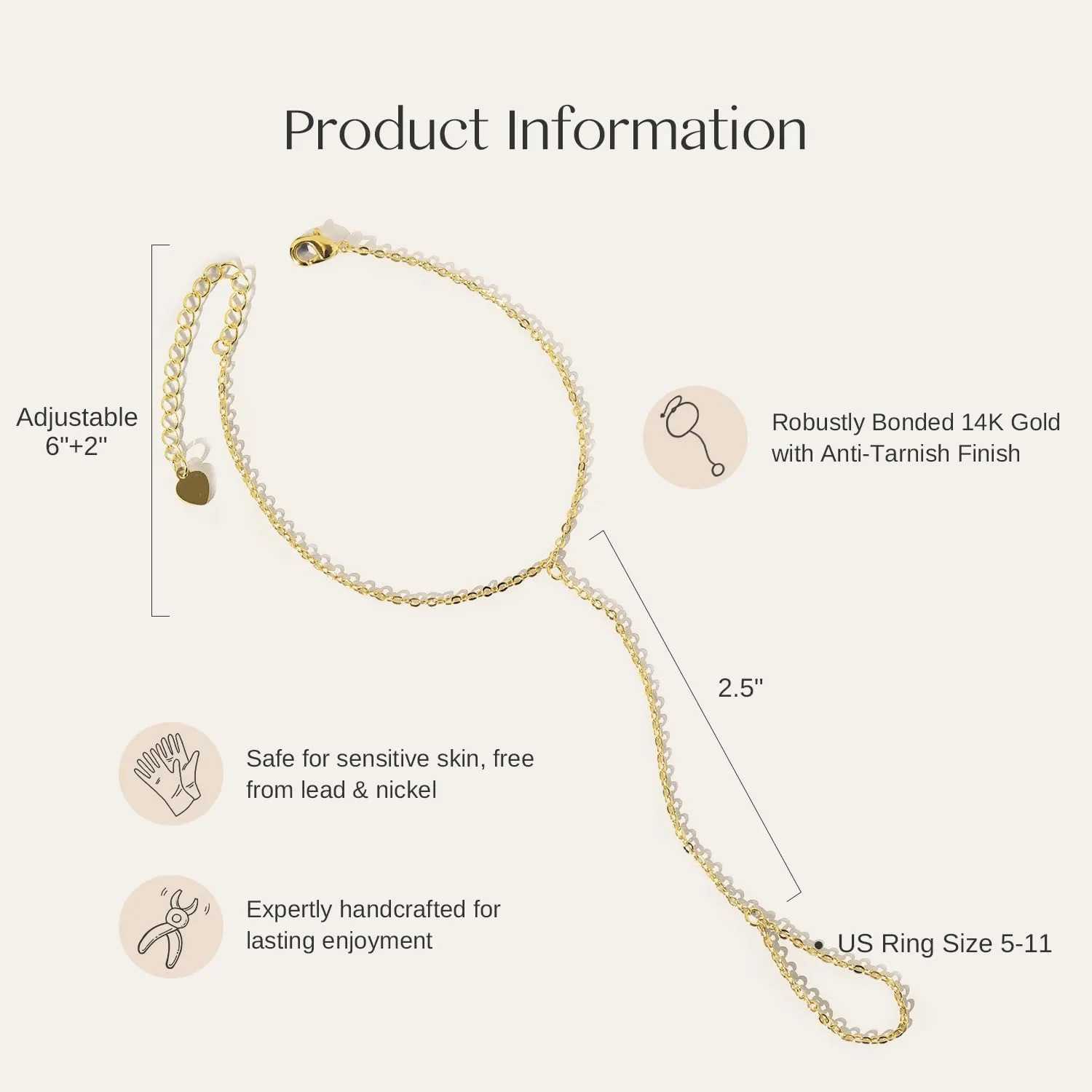 Hand Chain Finger Ring Bracelet 14k Gold Non-Tarnish Bracelet for Women 6" to 8" Adjustable length
