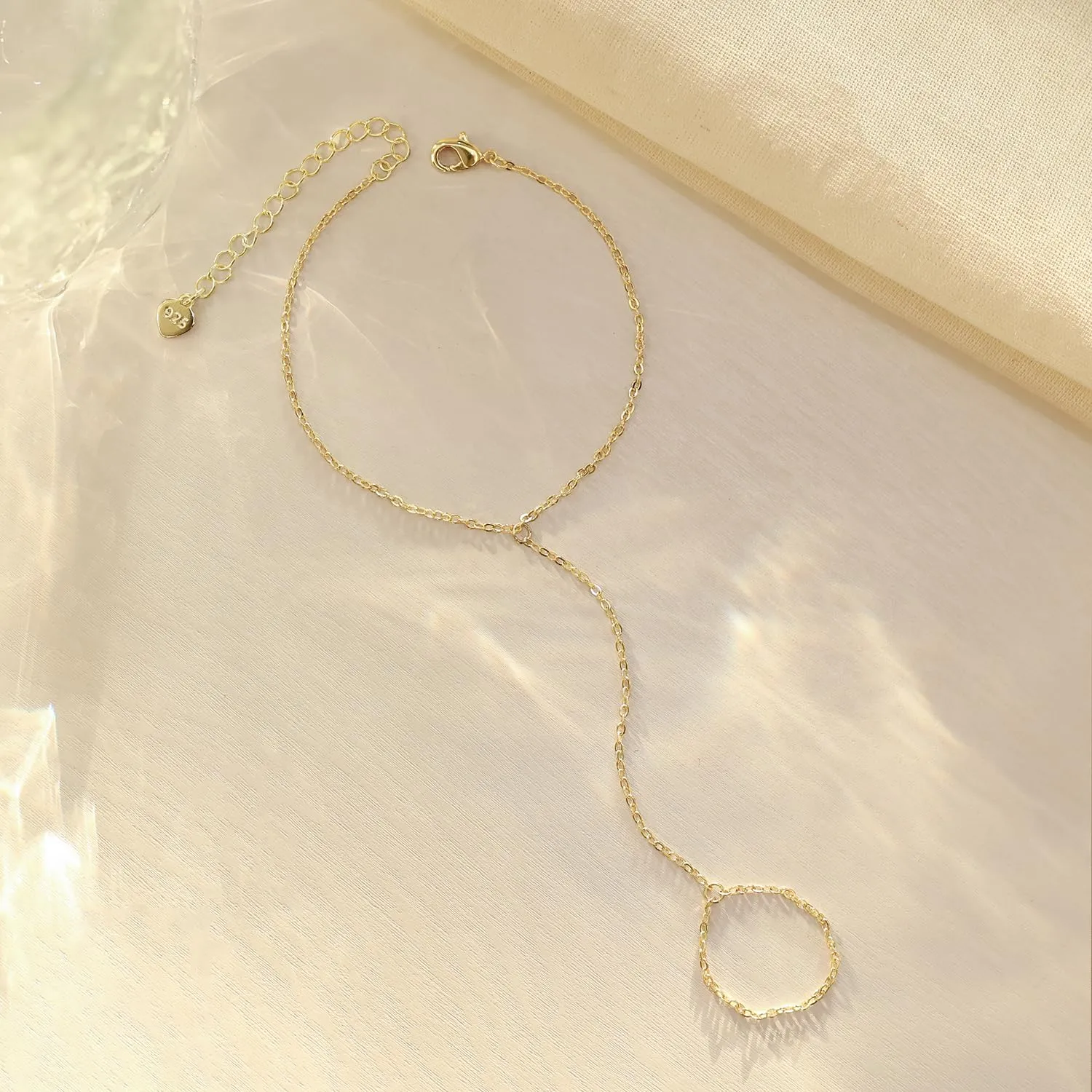 Hand Chain Finger Ring Bracelet 14k Gold Non-Tarnish Bracelet for Women 6" to 8" Adjustable length