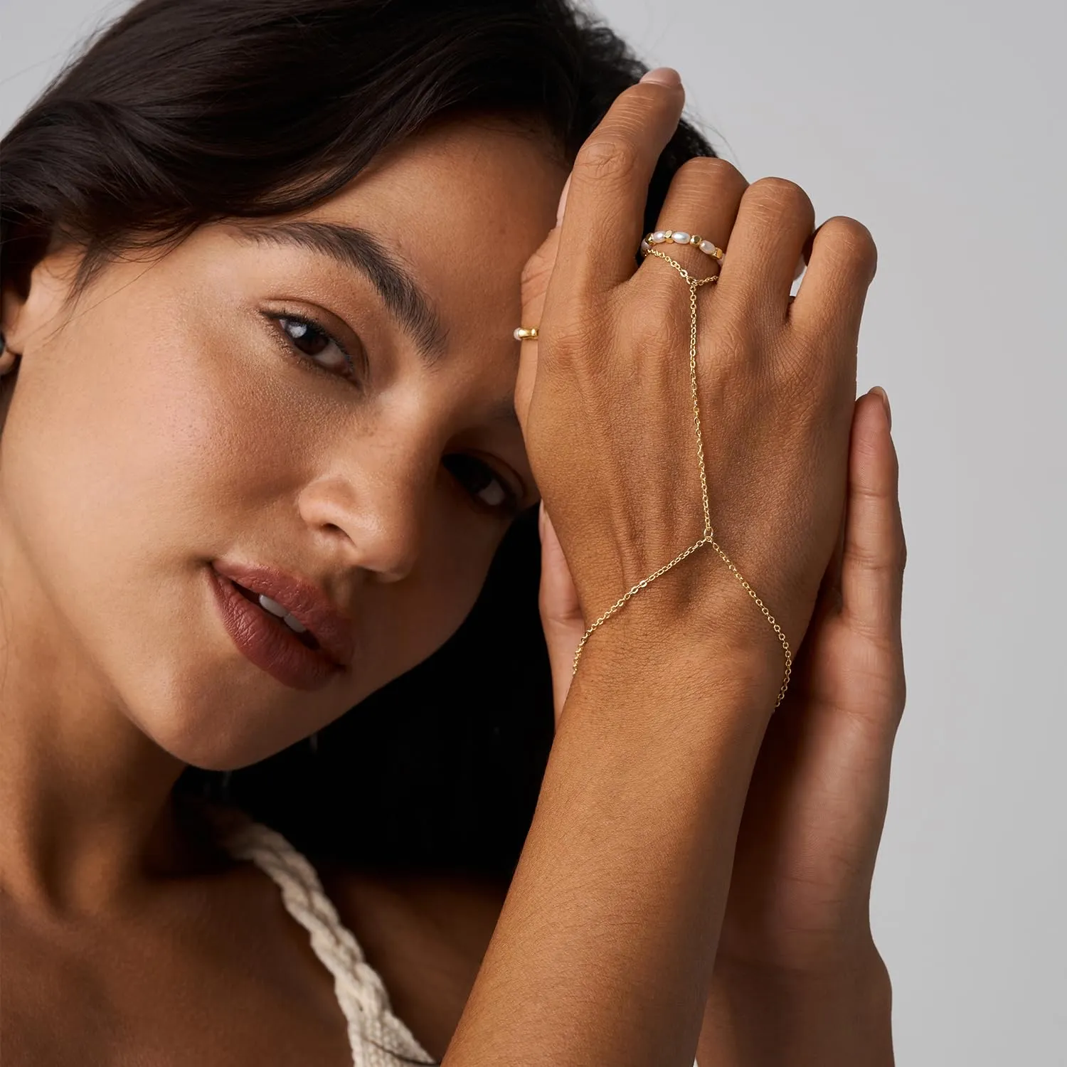 Hand Chain Finger Ring Bracelet 14k Gold Non-Tarnish Bracelet for Women 6" to 8" Adjustable length