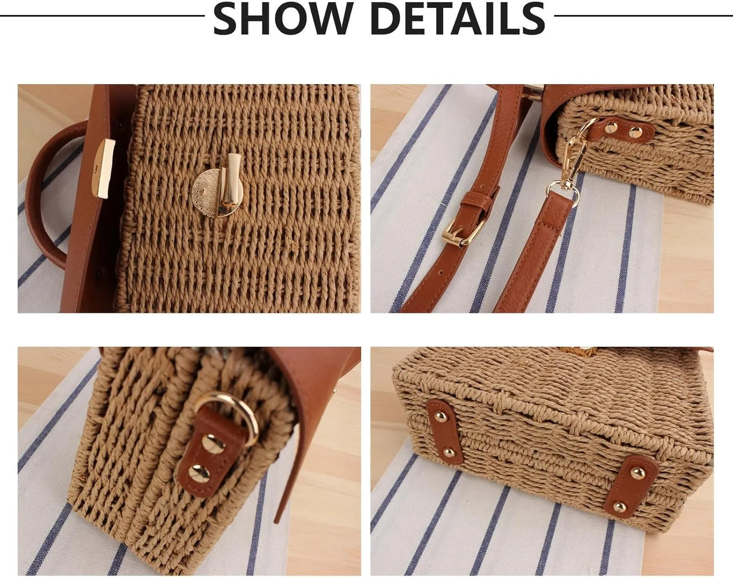 Hand woven rattan bag, summer leather flip beach bag, women's straw woven handbag