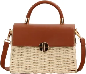 Hand woven rattan bag, summer leather flip beach bag, women's straw woven handbag