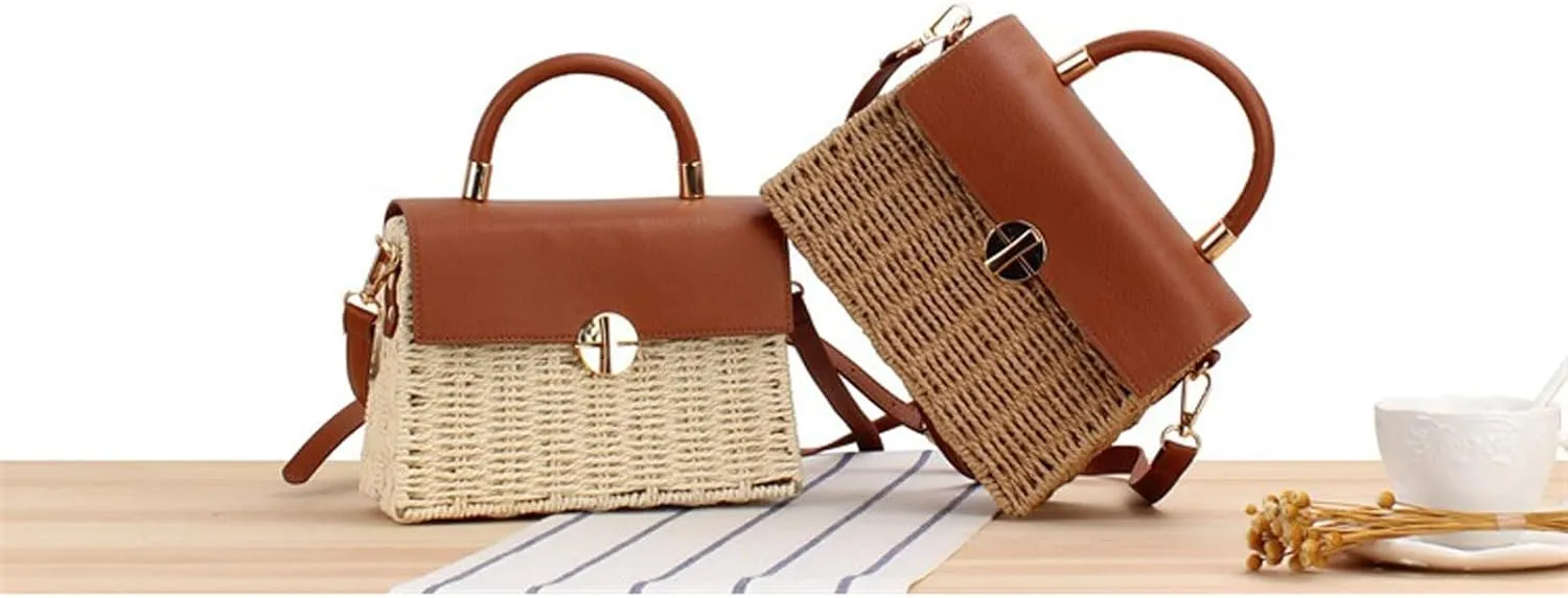 Hand woven rattan bag, summer leather flip beach bag, women's straw woven handbag