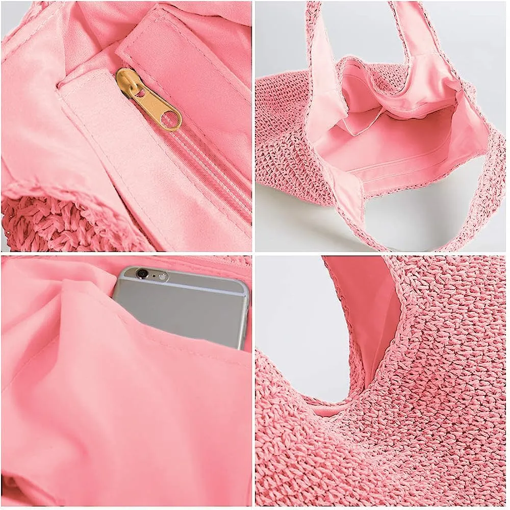Hand-woven Soft Large Straw Shoulder Bag Boho Straw Handle Tote Retro Summer Beach Bag Rattan Handbag