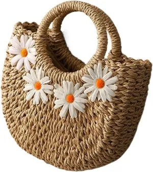 Hand-Woven Straw Beach Bags Women Handmade Moon Basket Shoulder Bag Bolsa Summer Bohemian Travel Crossbody Bags Handbags(Khaki 4daisy)