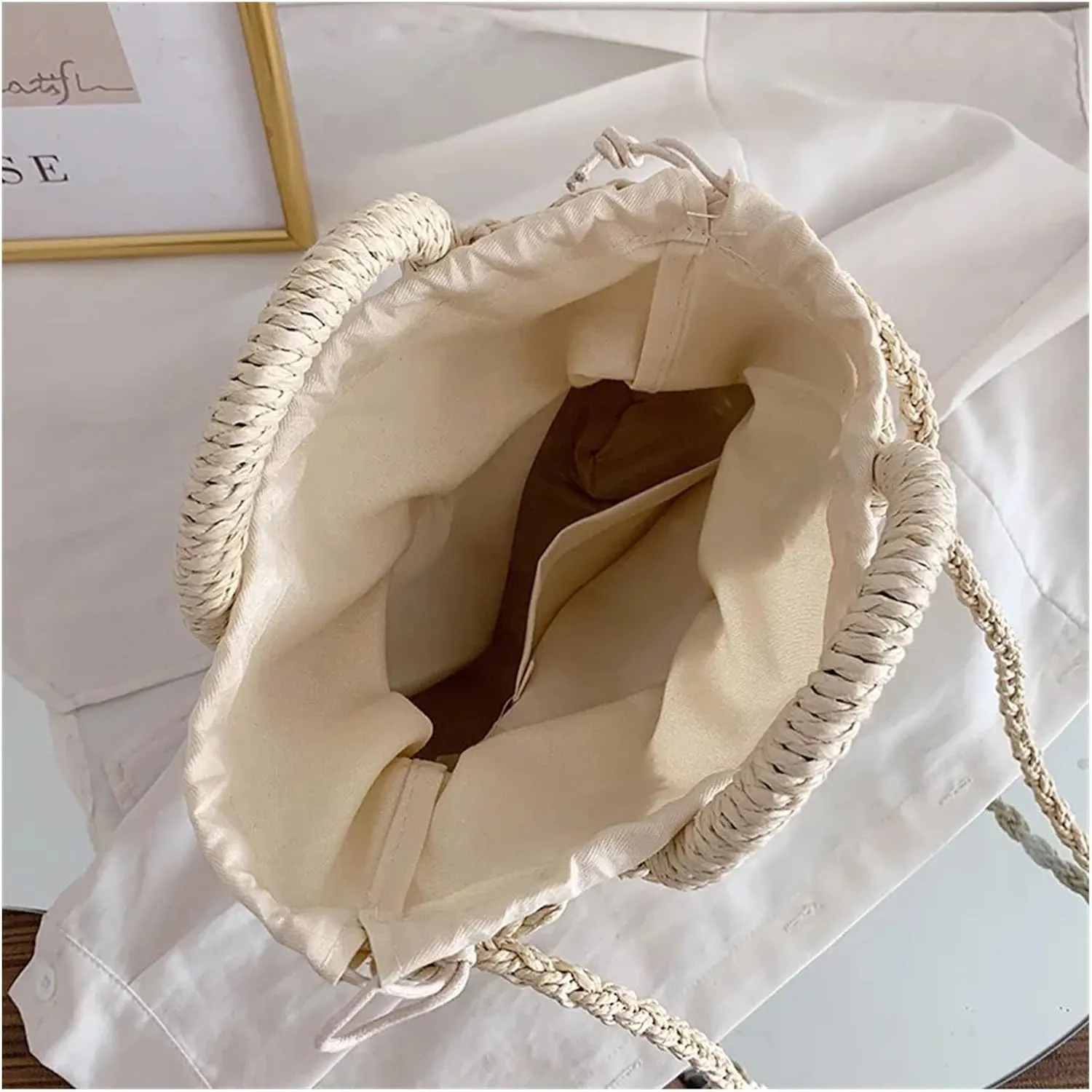 Hand-Woven Straw Beach Bags Women Handmade Moon Basket Shoulder Bag Bolsa Summer Bohemian Travel Crossbody Bags Handbags(Khaki 4daisy)