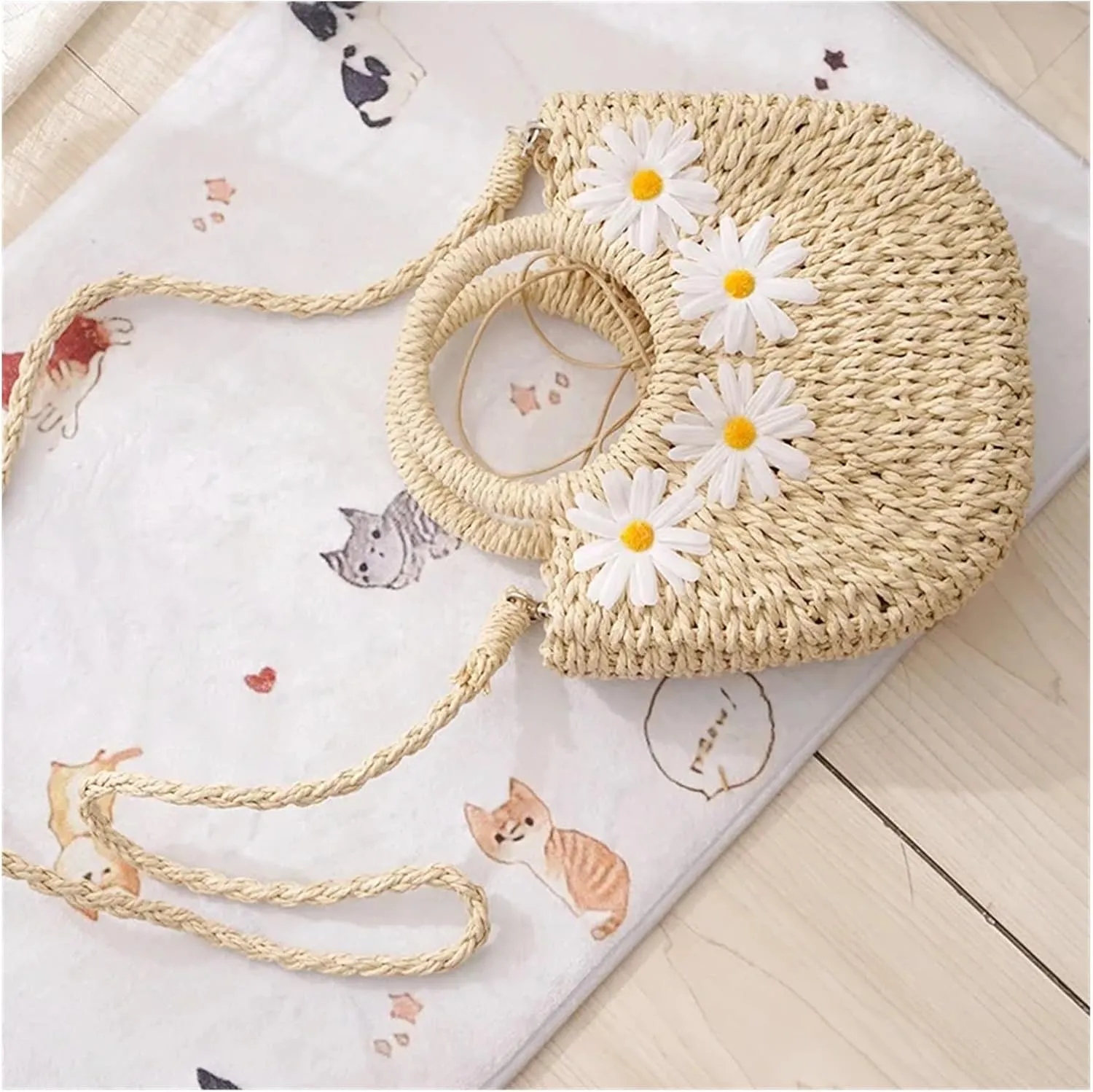 Hand-Woven Straw Beach Bags Women Handmade Moon Basket Shoulder Bag Bolsa Summer Bohemian Travel Crossbody Bags Handbags(Khaki 4daisy)