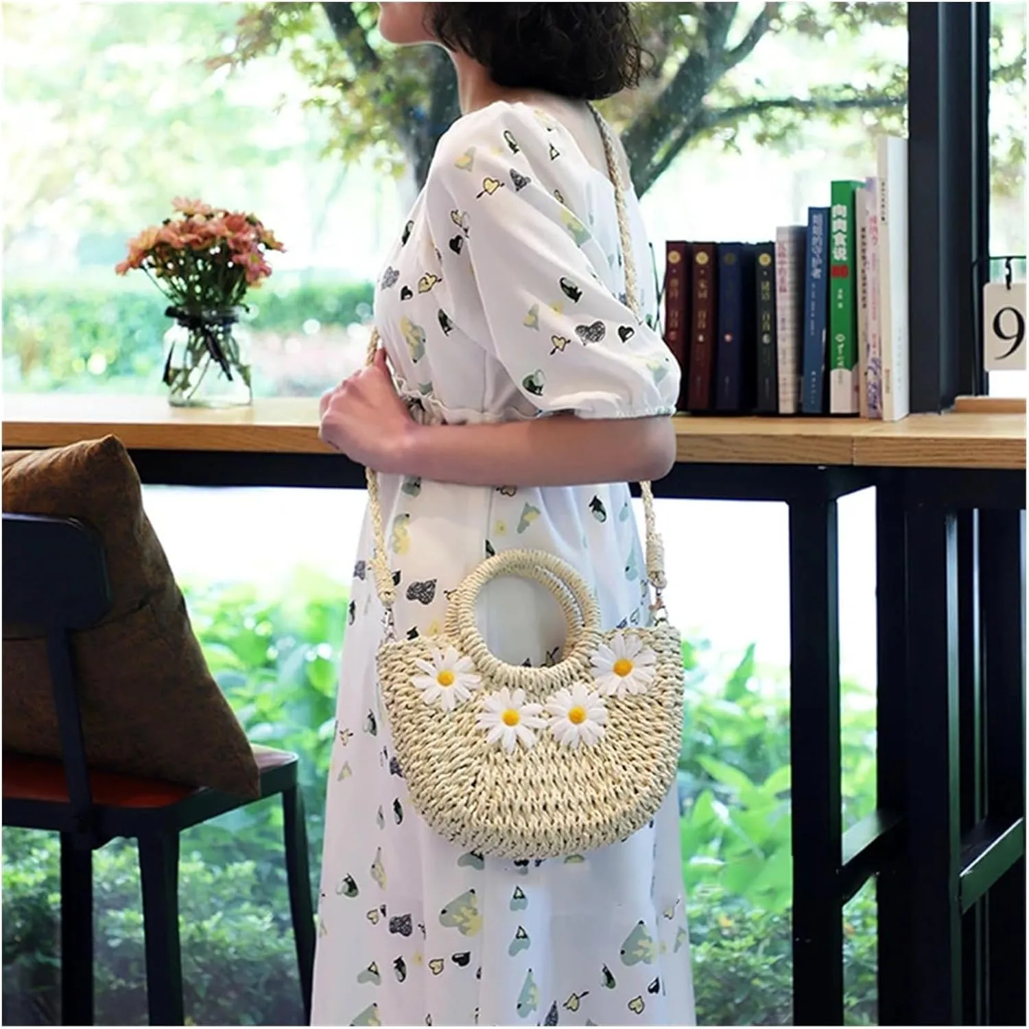 Hand-Woven Straw Beach Bags Women Handmade Moon Basket Shoulder Bag Bolsa Summer Bohemian Travel Crossbody Bags Handbags(Khaki 4daisy)