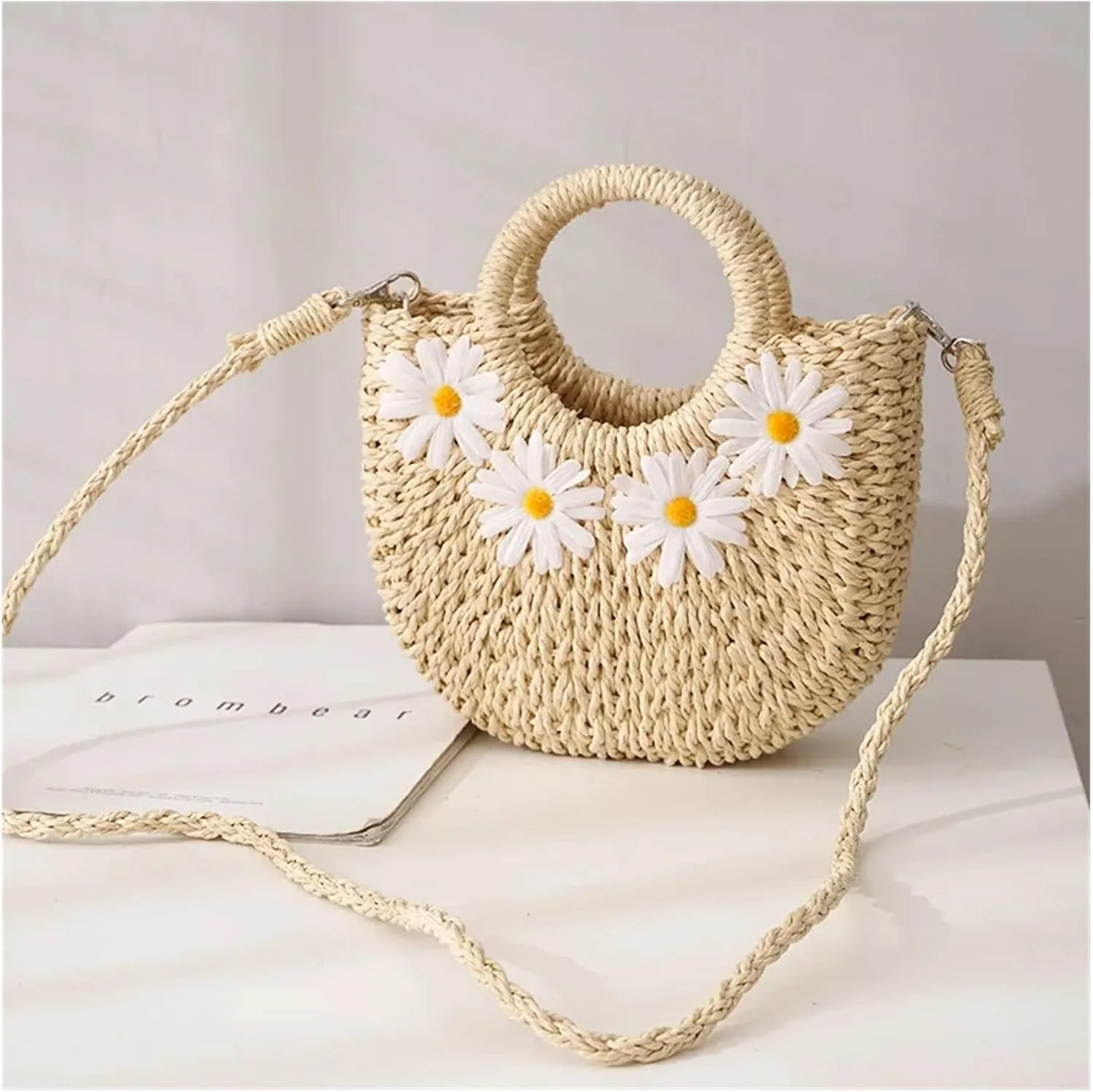 Hand-Woven Straw Beach Bags Women Handmade Moon Basket Shoulder Bag Bolsa Summer Bohemian Travel Crossbody Bags Handbags(Khaki 4daisy)