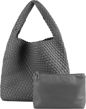 Hand Woven Tote for Women - Vegan Leather Handle Handbag, Travel Shoulder Bag, Hobo and Beach Bag With Purse