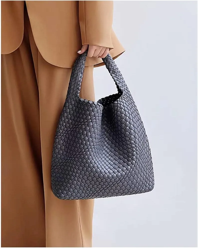 Hand Woven Tote for Women - Vegan Leather Handle Handbag, Travel Shoulder Bag, Hobo and Beach Bag With Purse