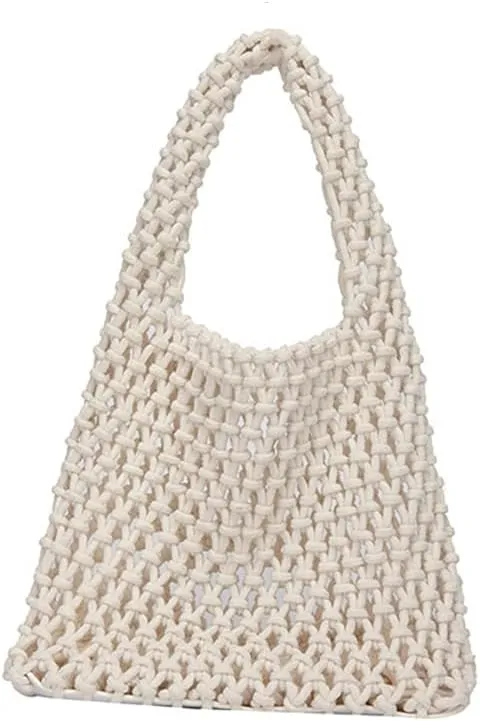 Handmade Leather Woven Beach Bag For Woman, Cutout Tote Bag, Cotton Rope Mesh Bag Shoulder Bag Shopping Bag, Boho Style Bag