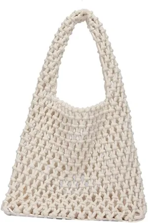 Handmade Leather Woven Beach Bag For Woman, Cutout Tote Bag, Cotton Rope Mesh Bag Shoulder Bag Shopping Bag, Boho Style Bag