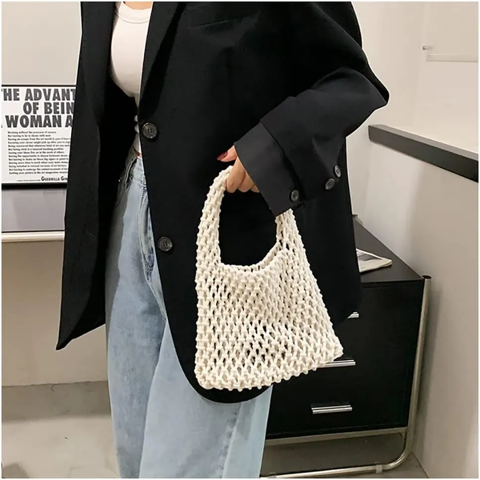 Handmade Leather Woven Beach Bag For Woman, Cutout Tote Bag, Cotton Rope Mesh Bag Shoulder Bag Shopping Bag, Boho Style Bag