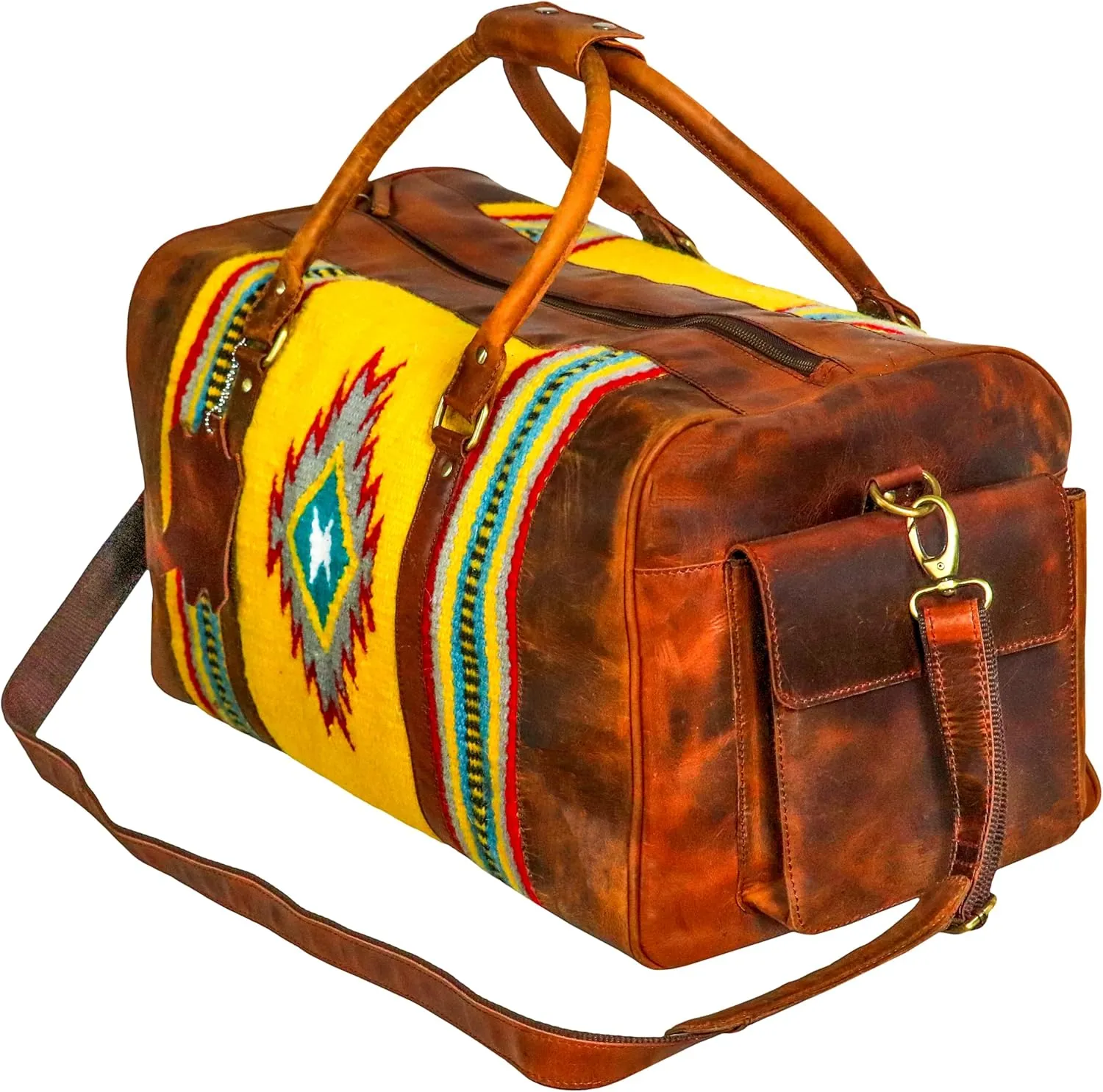 Handmade Premium Duffle Bag leather heavy duty Gym Sports Airplane Overnight Luggage Carry On Unisex Travel woven Rug Bag Wollen Hand Bag Gift for His/Her (RUG DUFFLE BAG STYLE_02)